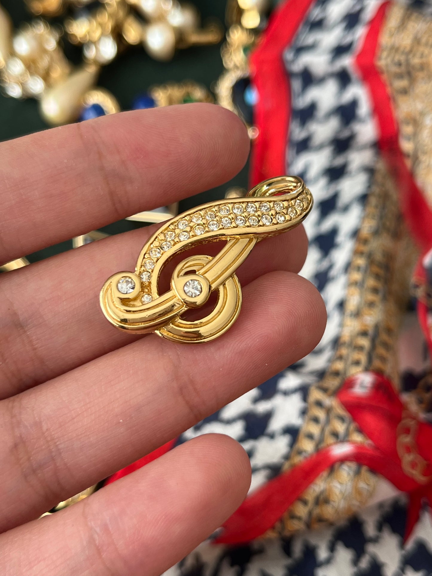 Vintage Christian Dior Treble Clef Music Note Rhinestone Gold-Plated Brooch