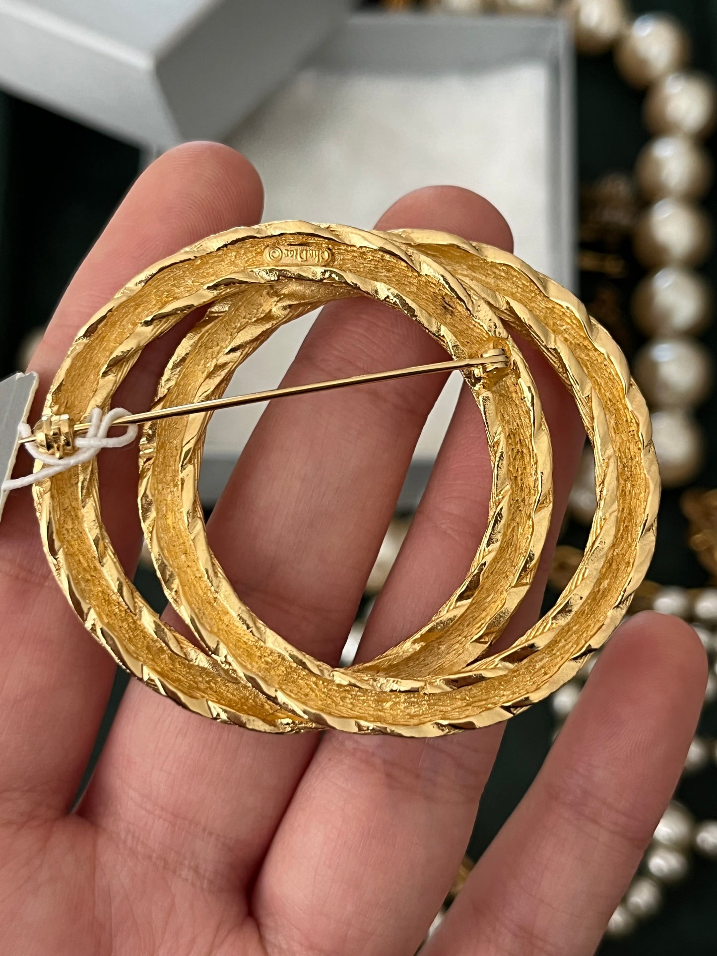 Vintage Christian Dior "Rope" Collection Double Knot Brushed Gold Gold-Tone Round Brooch New in Box