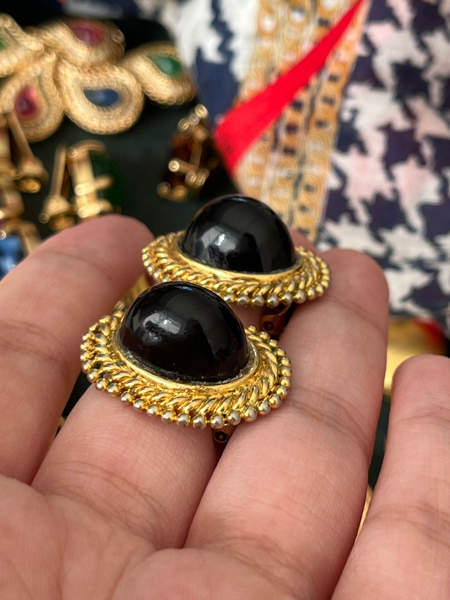 Vintage Christian Dior 1971 Irregular Black Poured Glass Cabochon Dotted Braided Edge Gold-Tone Clip-On Earrings