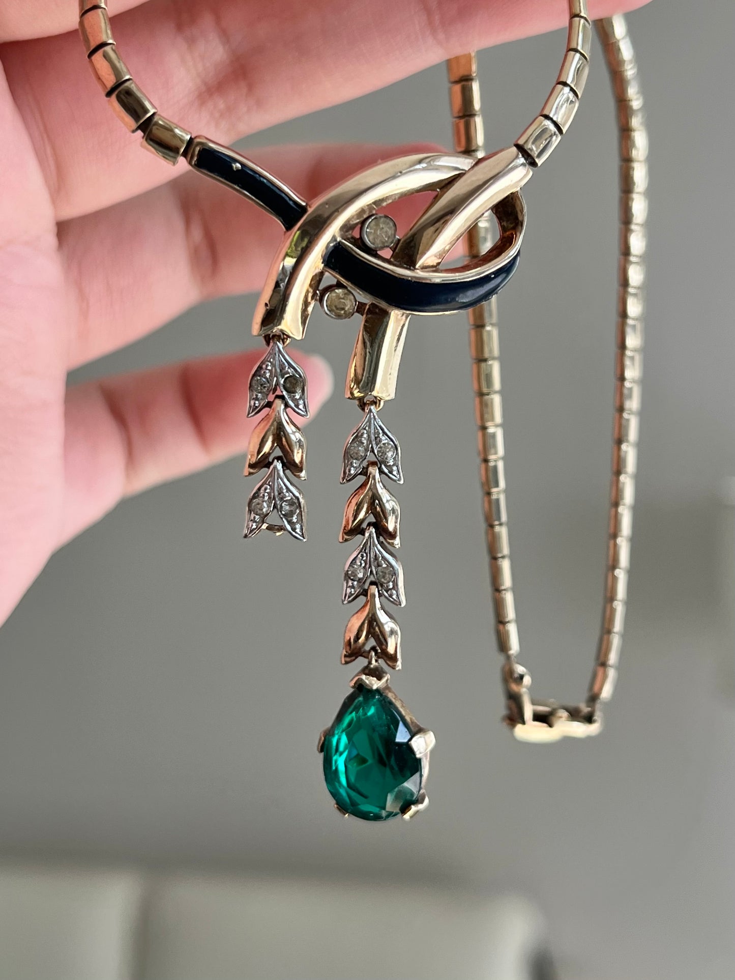 Vintage Trifari “Empress Eugénie” Collection 1940s Oval Topaz Droplet Gold Silver Two-Tone Y Necklace