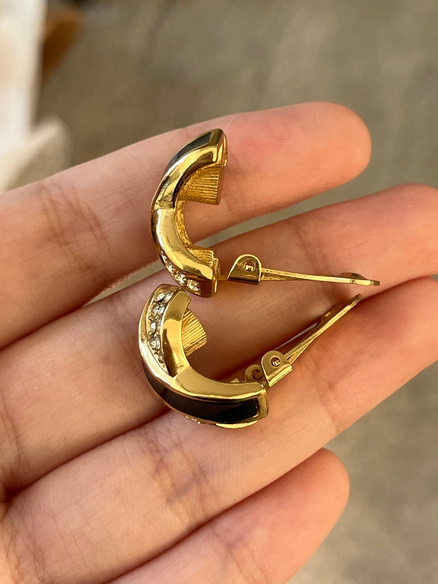 Vintage Christian Dior Classic "X" Cross Black Enamel Rhinestone Pavé Gold-Plated Clip-On Earrings