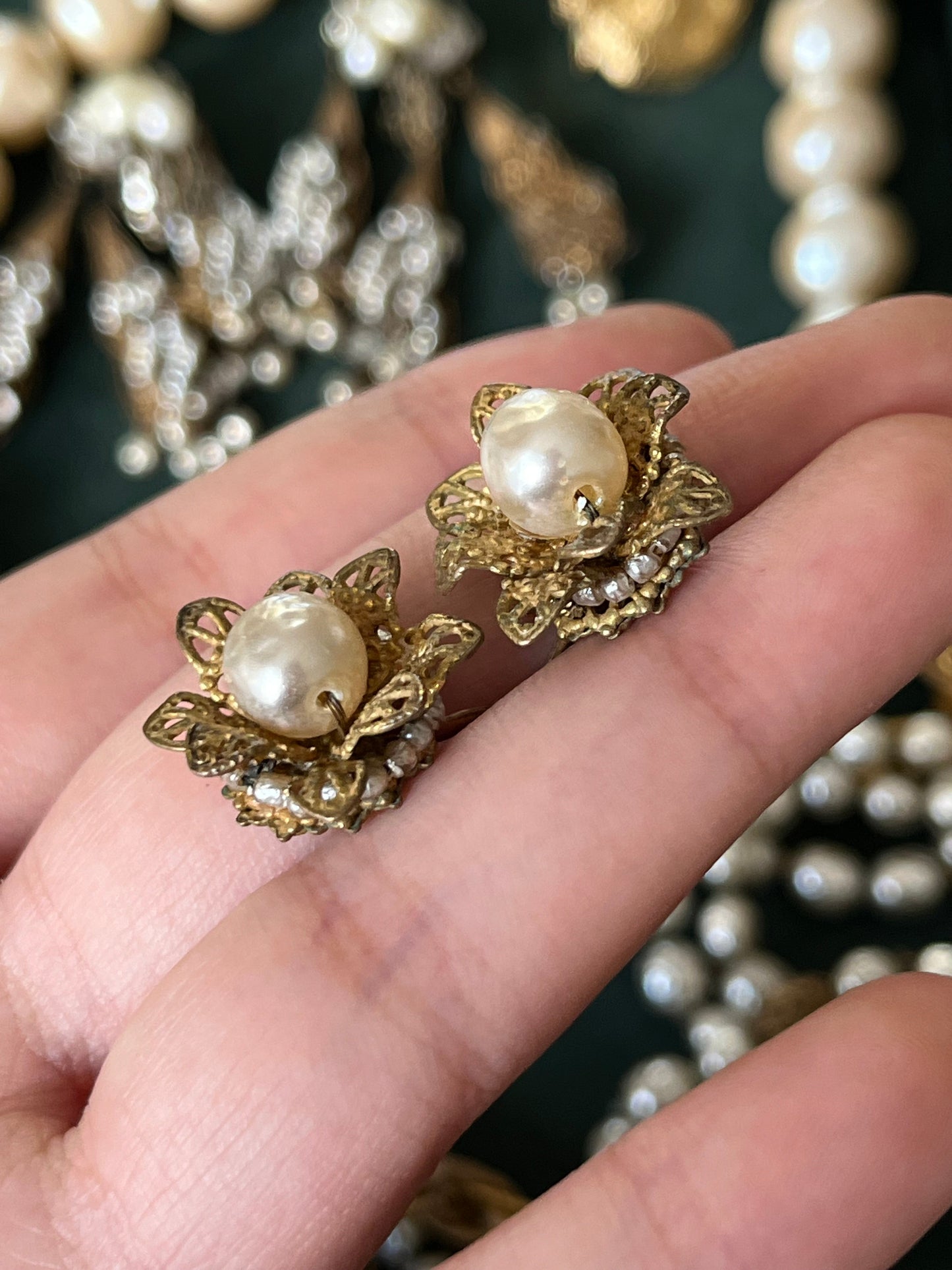 Vintage Miriam Haskell Classic "Niki" Baroque Glass Pearl Bronze-Tone Filigree Screw Back Clip-On Earrings