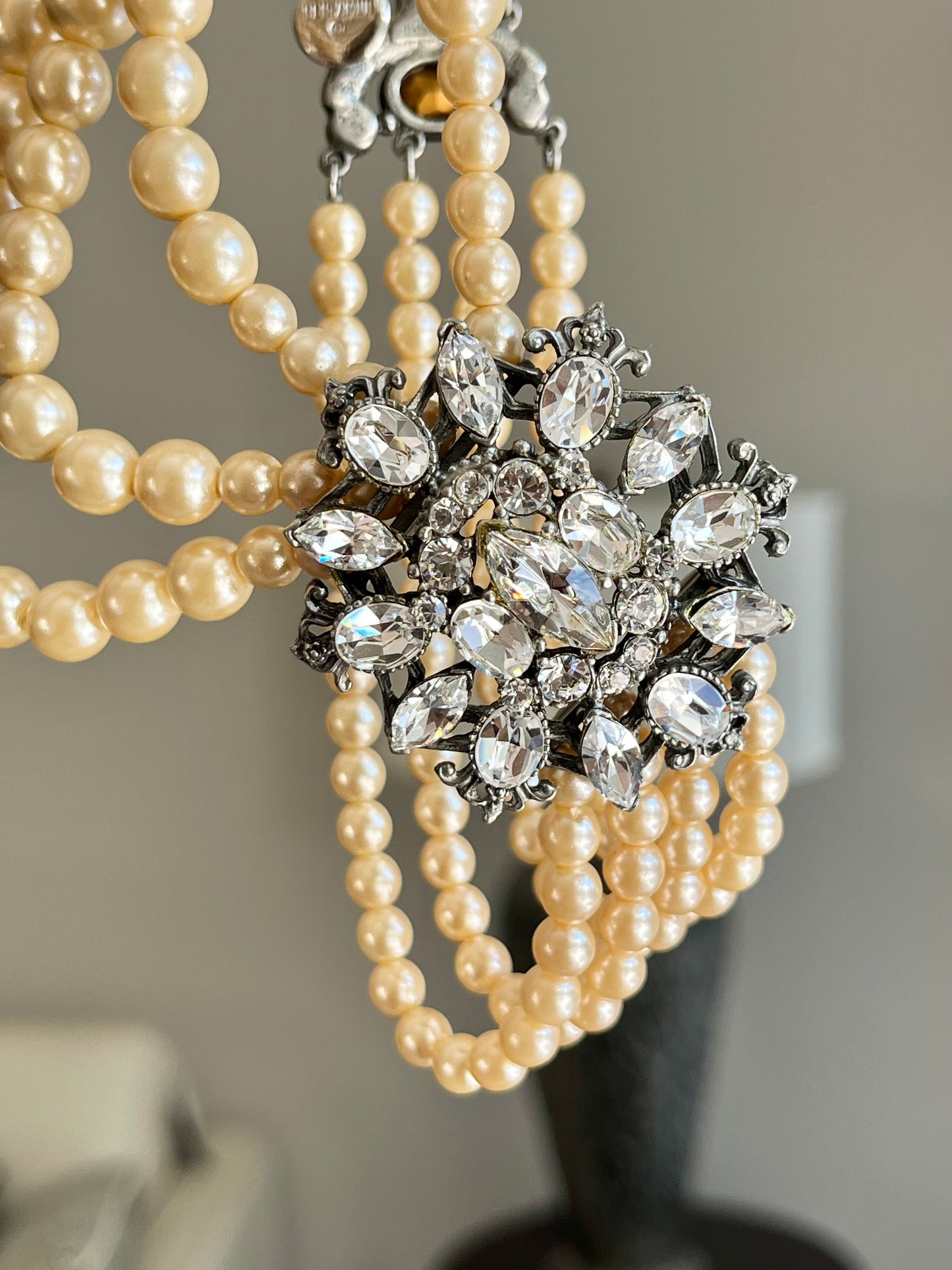 Vintage Ben-Amun Maltese Flower Accent Pearl Beaded Four-Stranded Layered Long Silver-Tone Statement Necklace