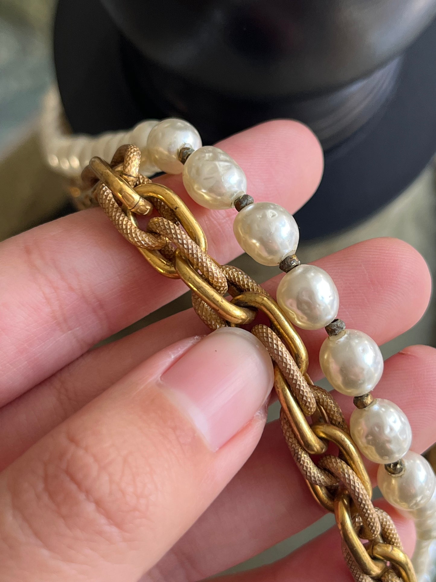 Vintage Miriam Haskell Classic "Niki" Baroque Glass Pearl Bronze-Tone Chain Long Necklace Set