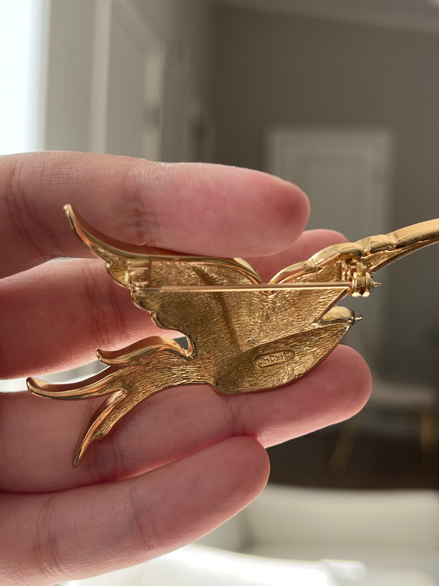 Vintage Christian Dior "Swallow" Bird Yellow Orange Rhinestone Pavé Gold-Tone Brooch