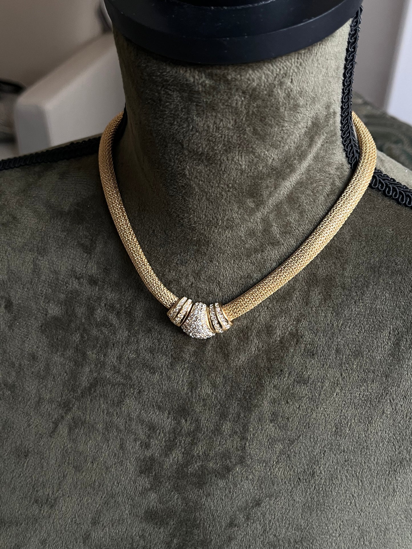 Vintage Christian Dior Rhinestone Pavé Braided Mesh Chain Gold-Tone Choker Necklace