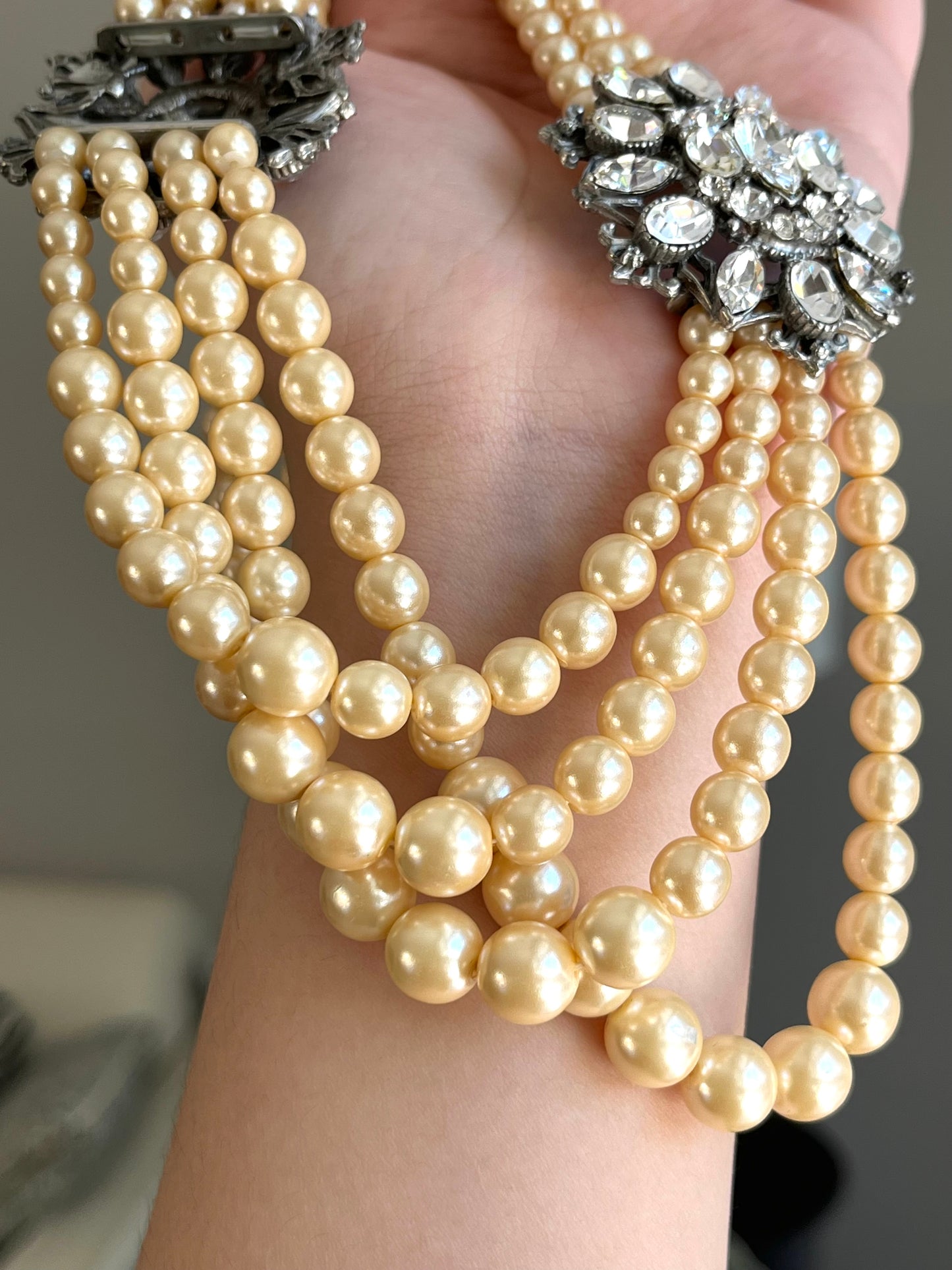 Vintage Ben-Amun Maltese Flower Accent Pearl Beaded Four-Stranded Layered Long Silver-Tone Statement Necklace