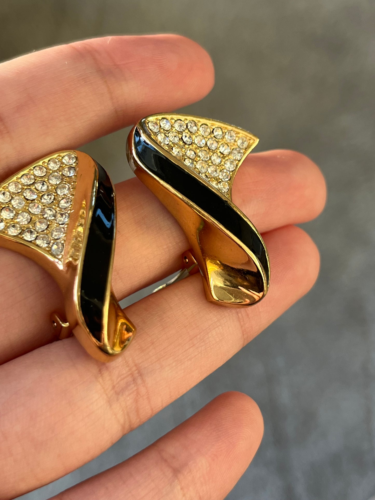 Vintage Christian Dior Classic Twisted Fan Black Enamel Rhinestone Pavé Gold-Tone Clip-On Earrings