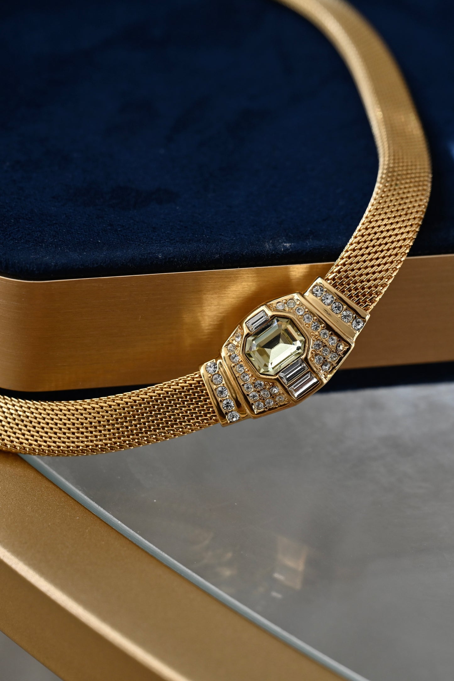 Vintage Christian Dior Rectangular Greenish Yellow Rhinestone Thick Braided Mesh Chain Gold-Tone Choker Necklace