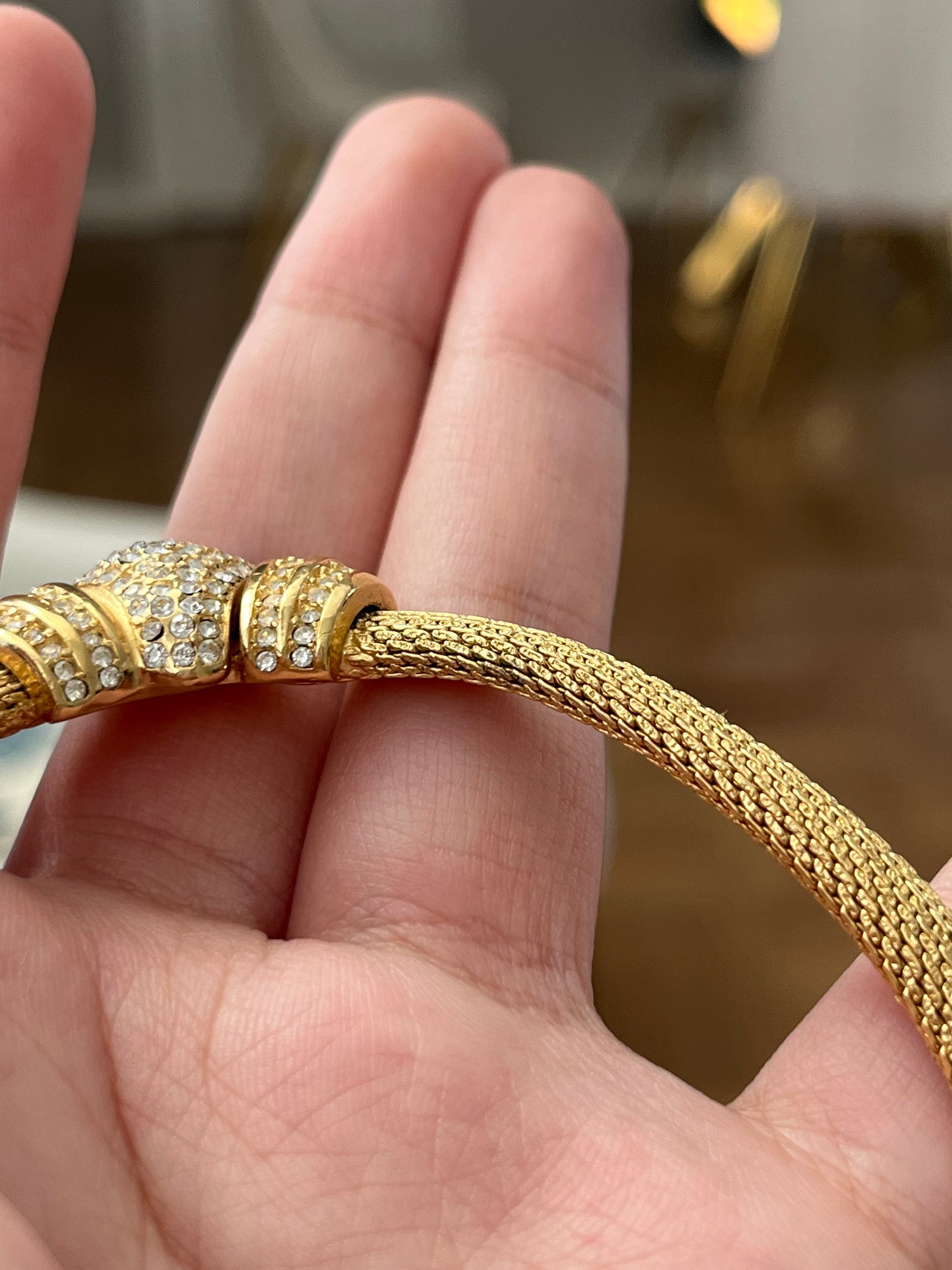 Vintage Christian Dior Rhinestone Pavé Braided Mesh Chain Gold-Tone Choker Necklace