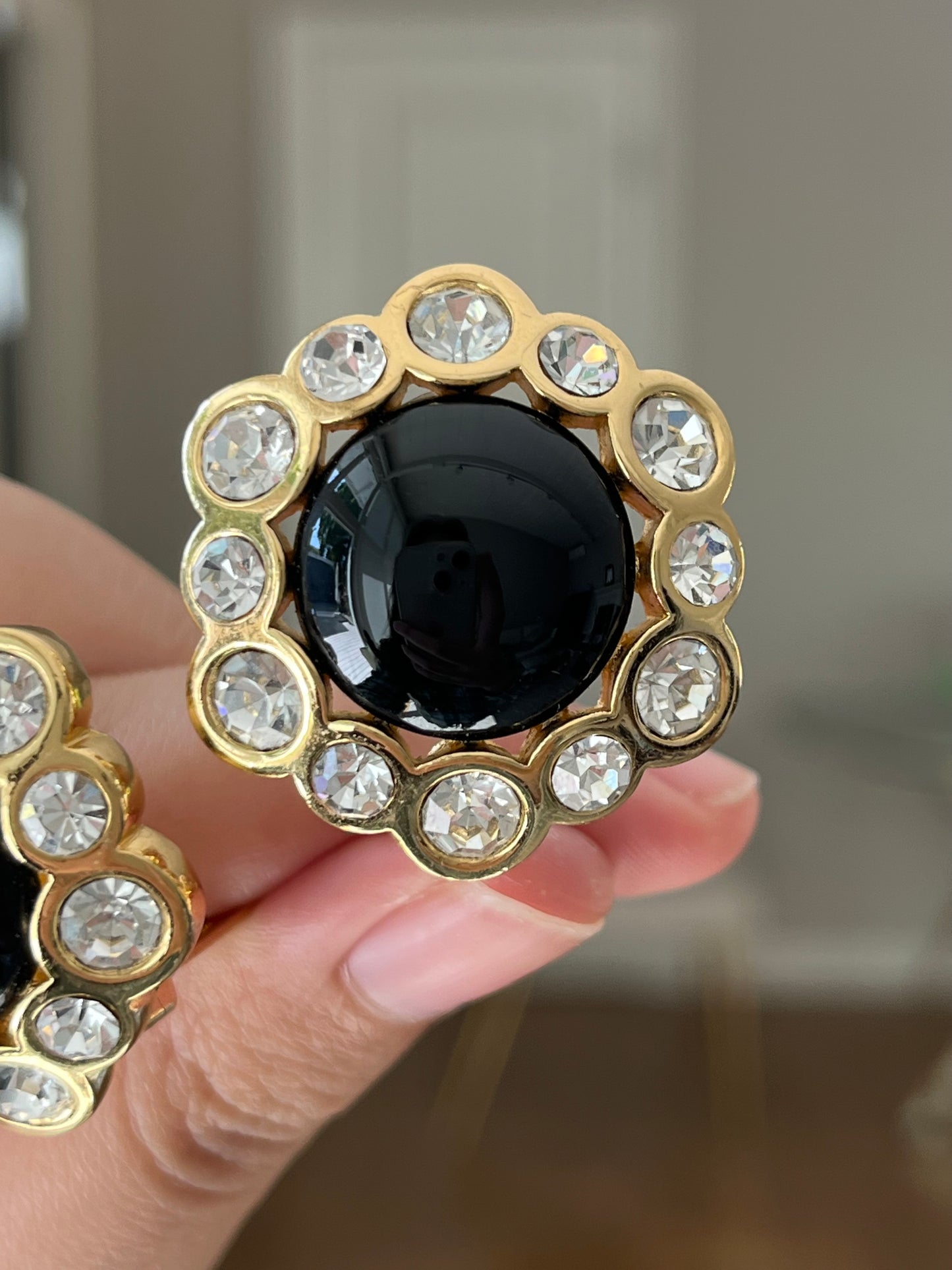 Vintage Christian Dior Flower Round Black Poured Glass Cabochon Large Rhinestone Edge Gold-Tone Clip-On Earrings