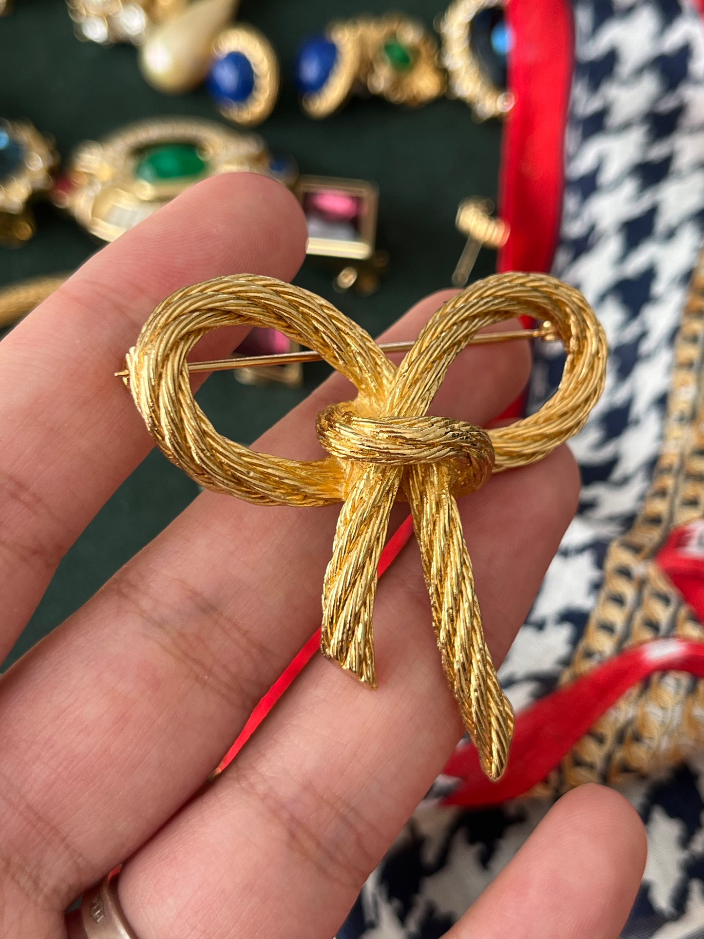 Vintage Christian Dior "Rope" Collection Bow Tie Butterfly Knot Braided Rope Brushed Gold-Tone Brooch