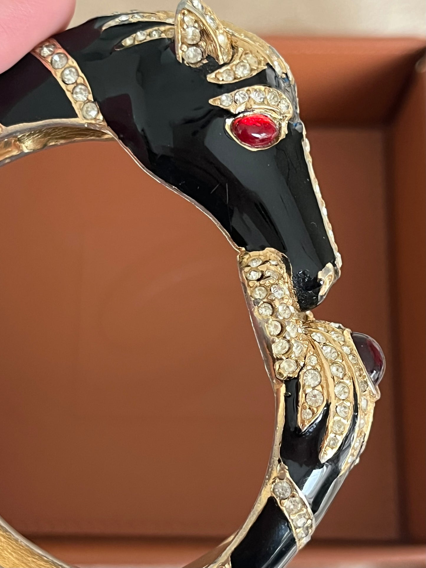 Vintage Ciner "Scultural Animal Head" Collection Horse Red Poured Glass Cabochon Black Enamel Rhinestone Pavé Bangle