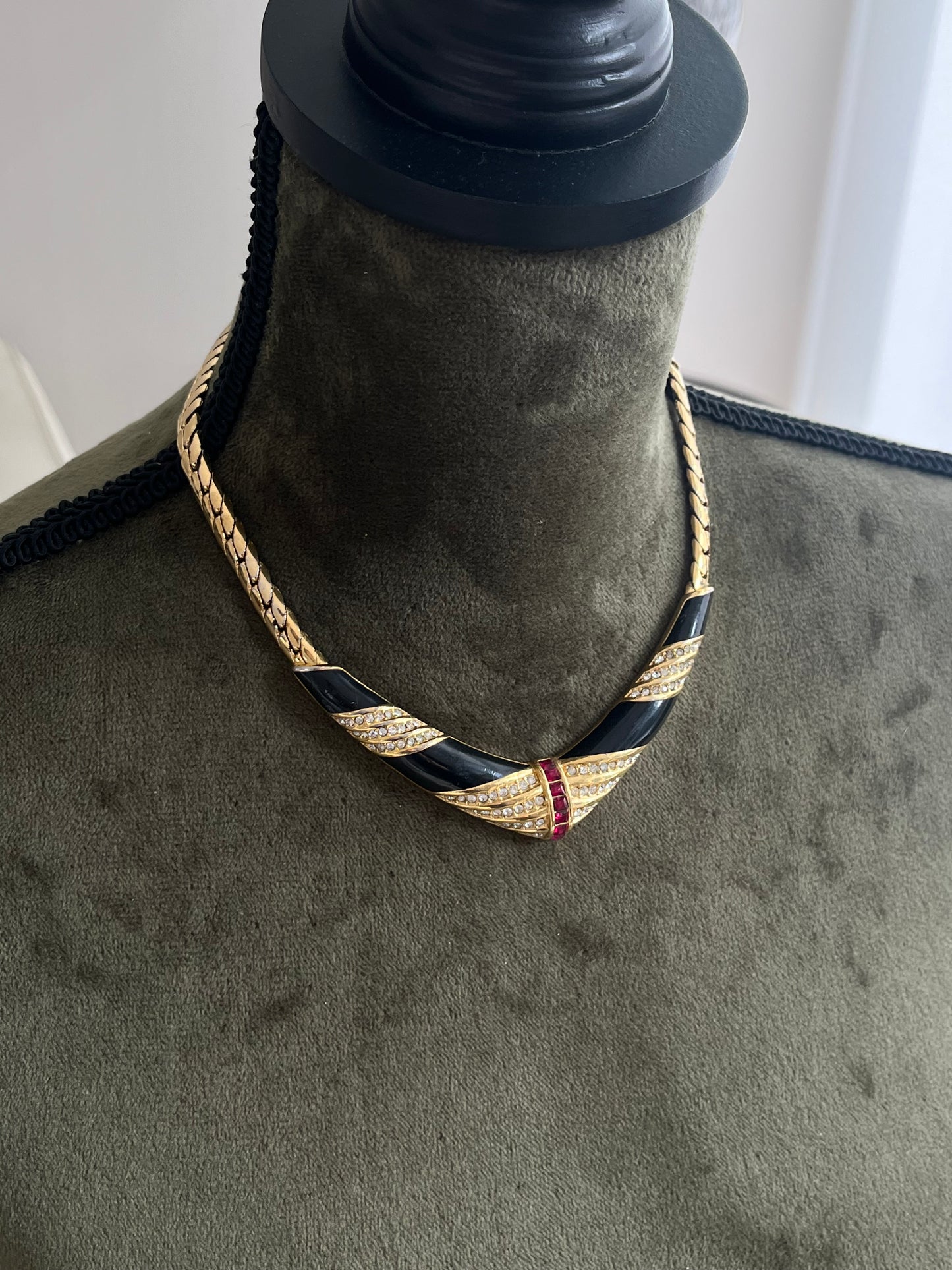 Vintage Christian Dior "V" Square Red Rhinestone Black Enamel Gold-Tone Clip-On Earrings Necklace Set