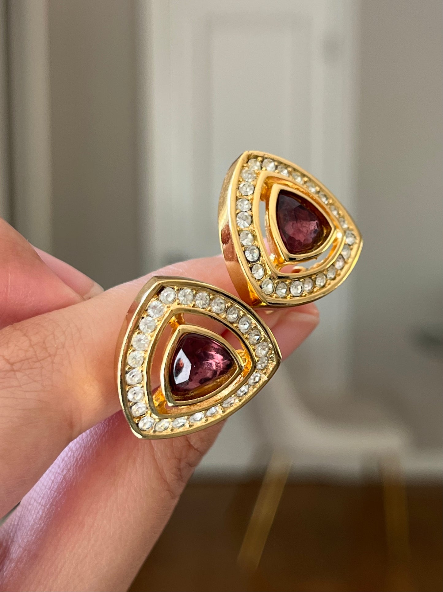 Vintage Christian Dior Triangular Purple Rhinestone Hollow Edge Gold-Tone Clip-On Earrings