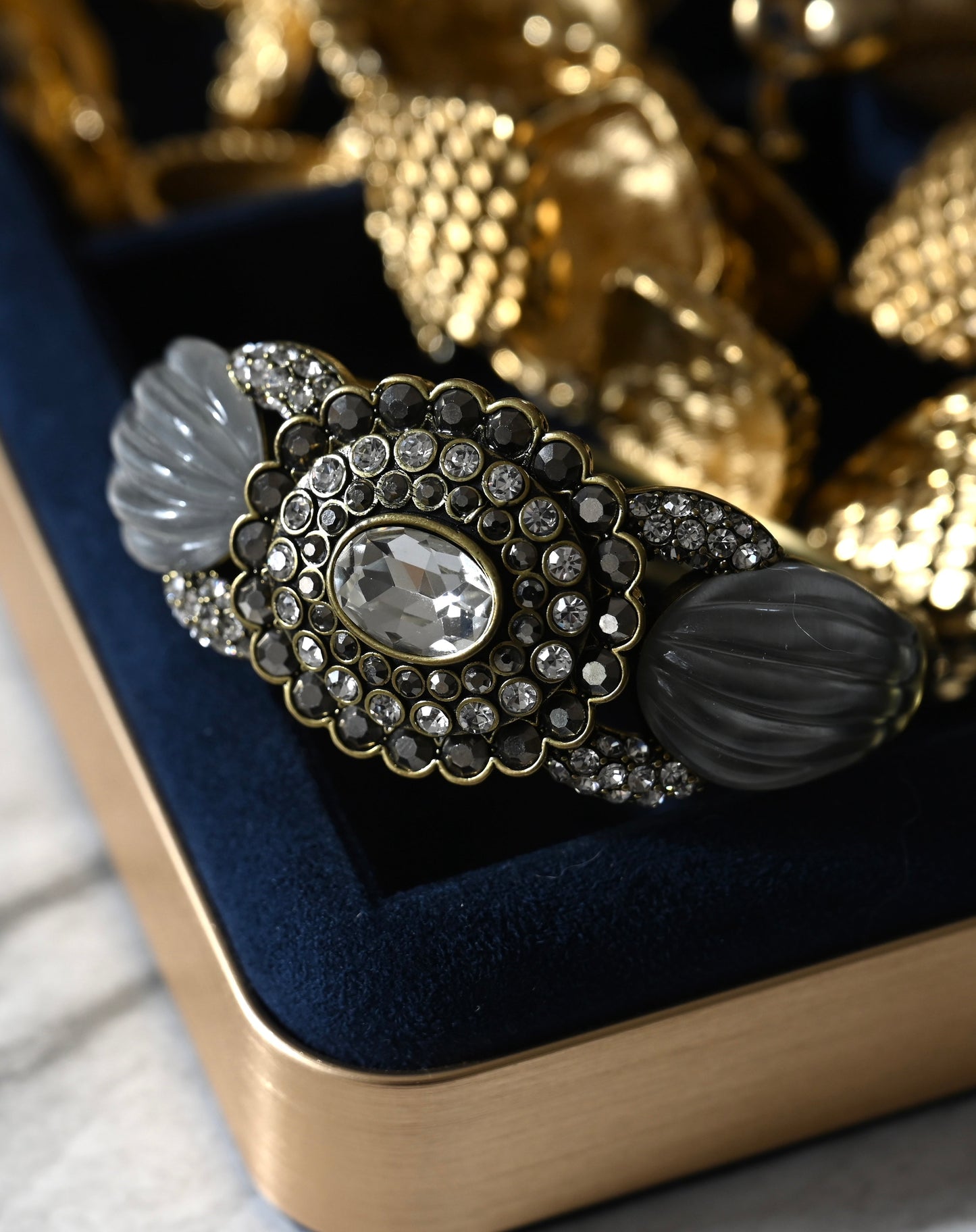 Vintage Heidi Daus 2010 "Collector's" Collection Oval Gray Rhinestone Mellon Lucite Bronze-Tone Bracelet Bangle