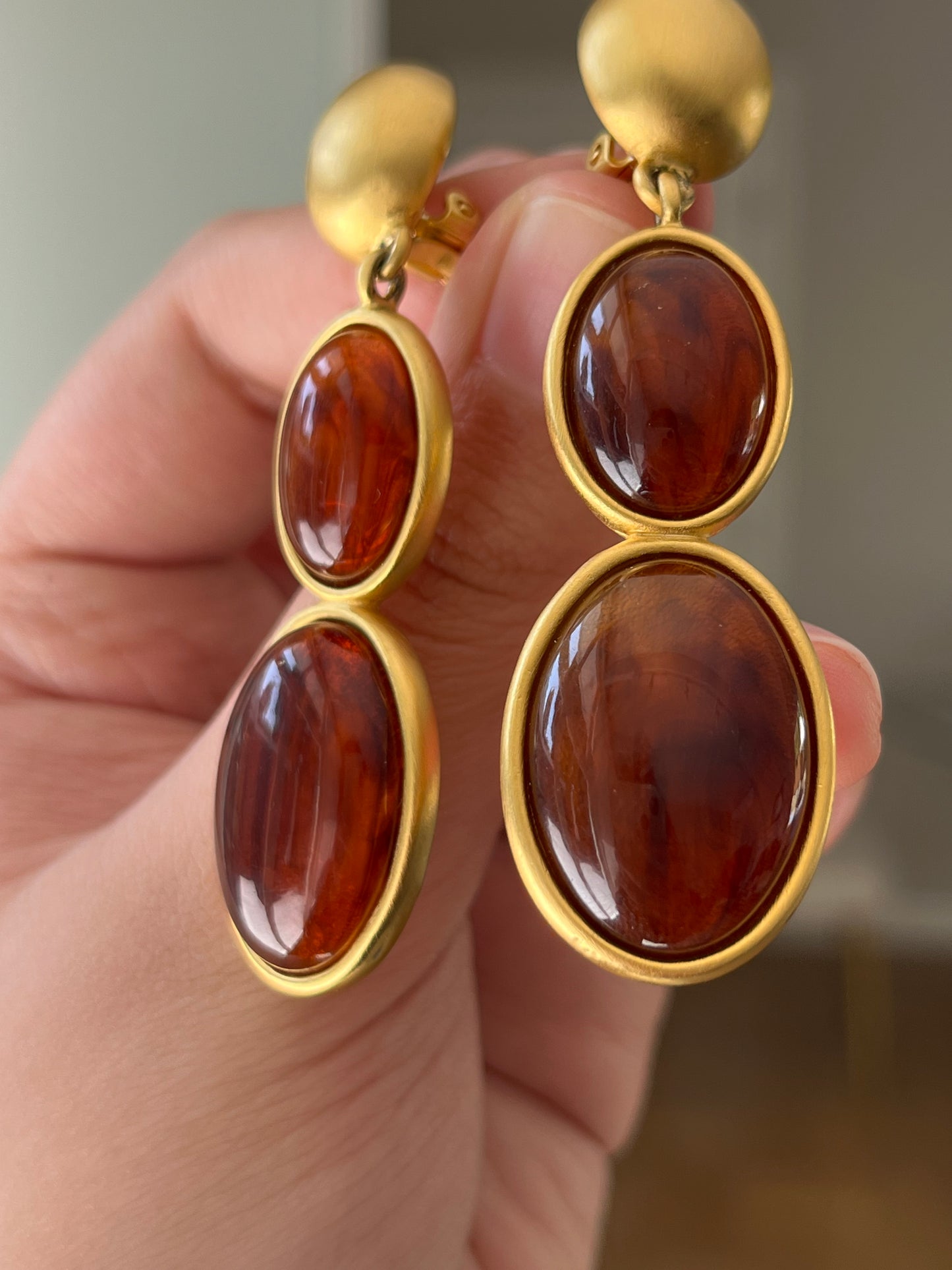Vintage Givenchy Oval Amber Swirly Resin Cabochon Dangle Drop Long Shoulder Brush Matte Gold-Tone Clip-On Earrings