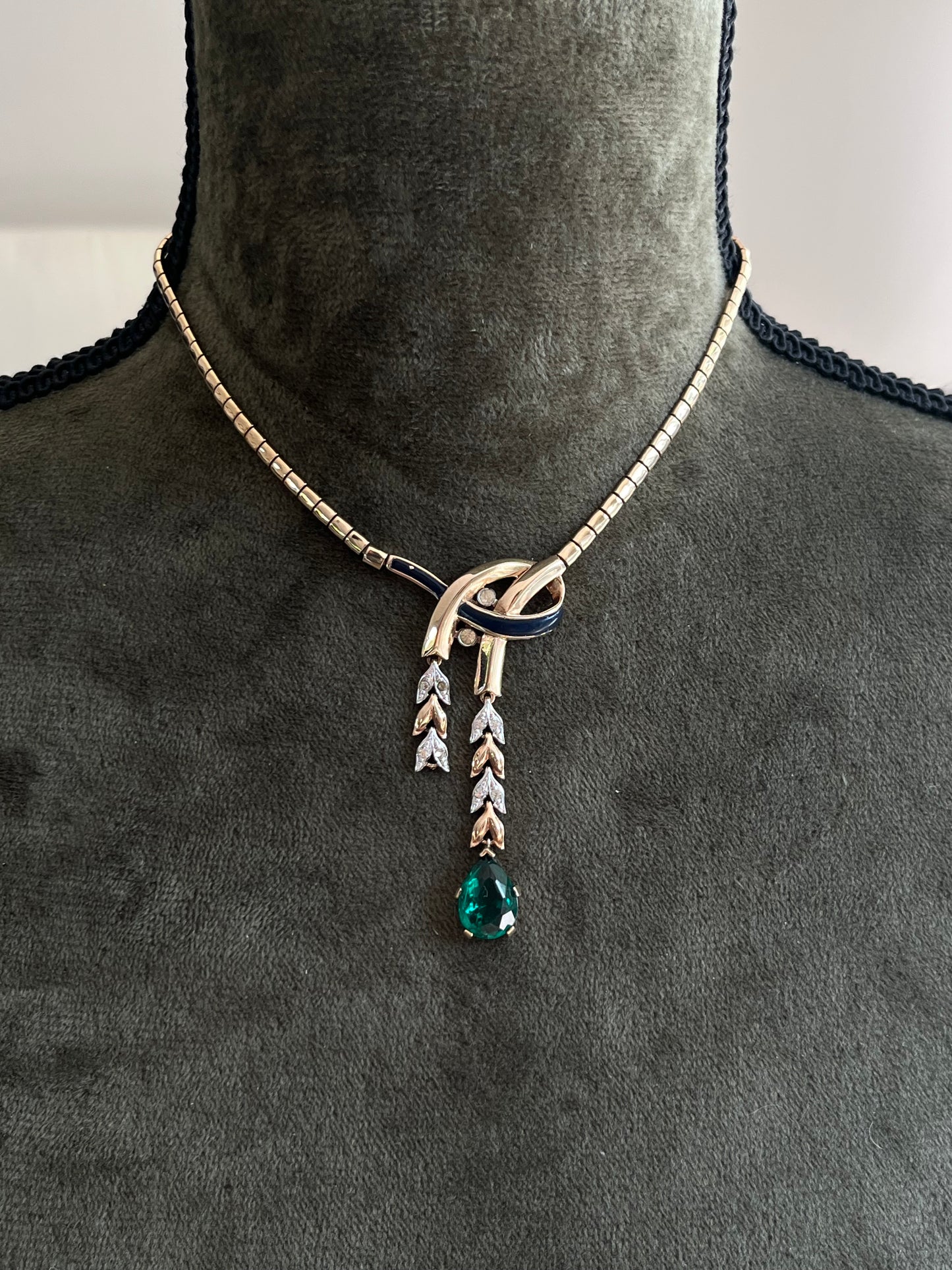 Vintage Trifari “Empress Eugénie” Collection 1940s Oval Topaz Droplet Gold Silver Two-Tone Y Necklace