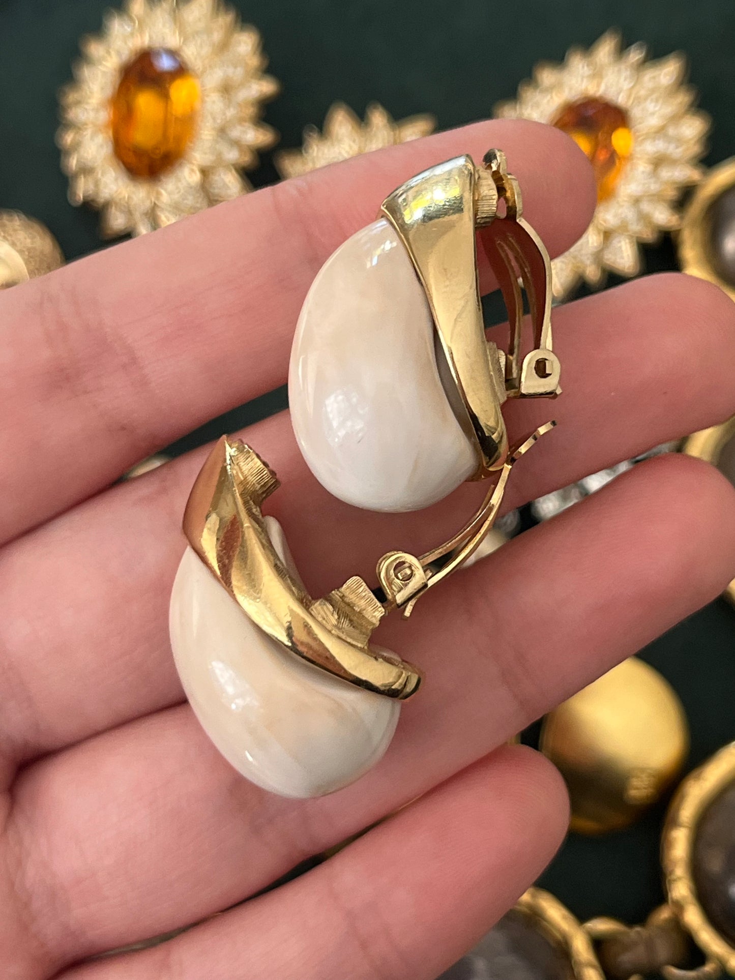 Vintage Givenchy Teardrop Cream Faux Marble Shell Resin Cabochon Gold-Tone Clip-On Earrings