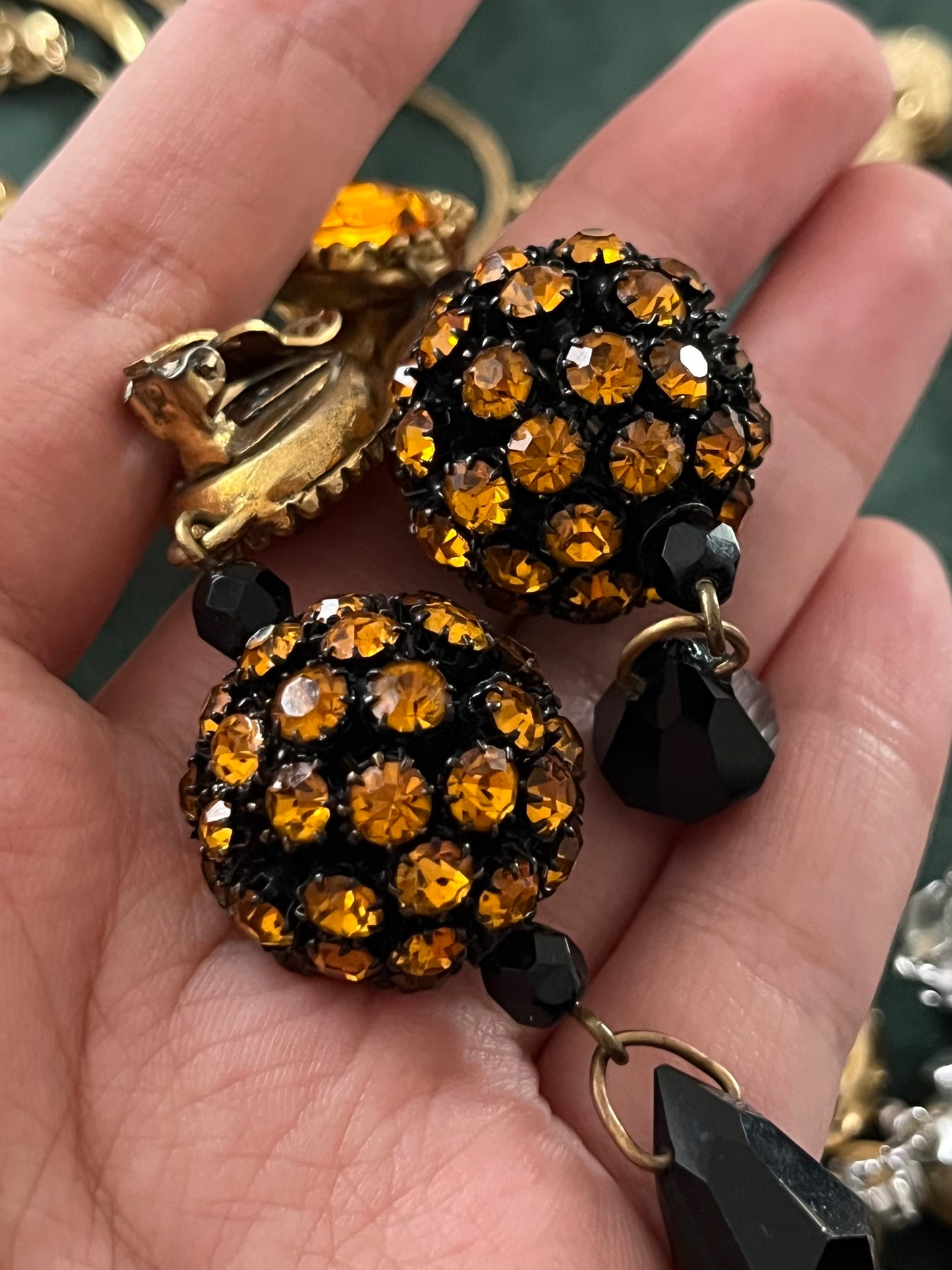 Vintage Yves Saint Laurent Rive Gauche YSL Orange Rhinestone Ball Dangle Drop Long Shoulder Brush Gold-Tone Clip-On Earrings