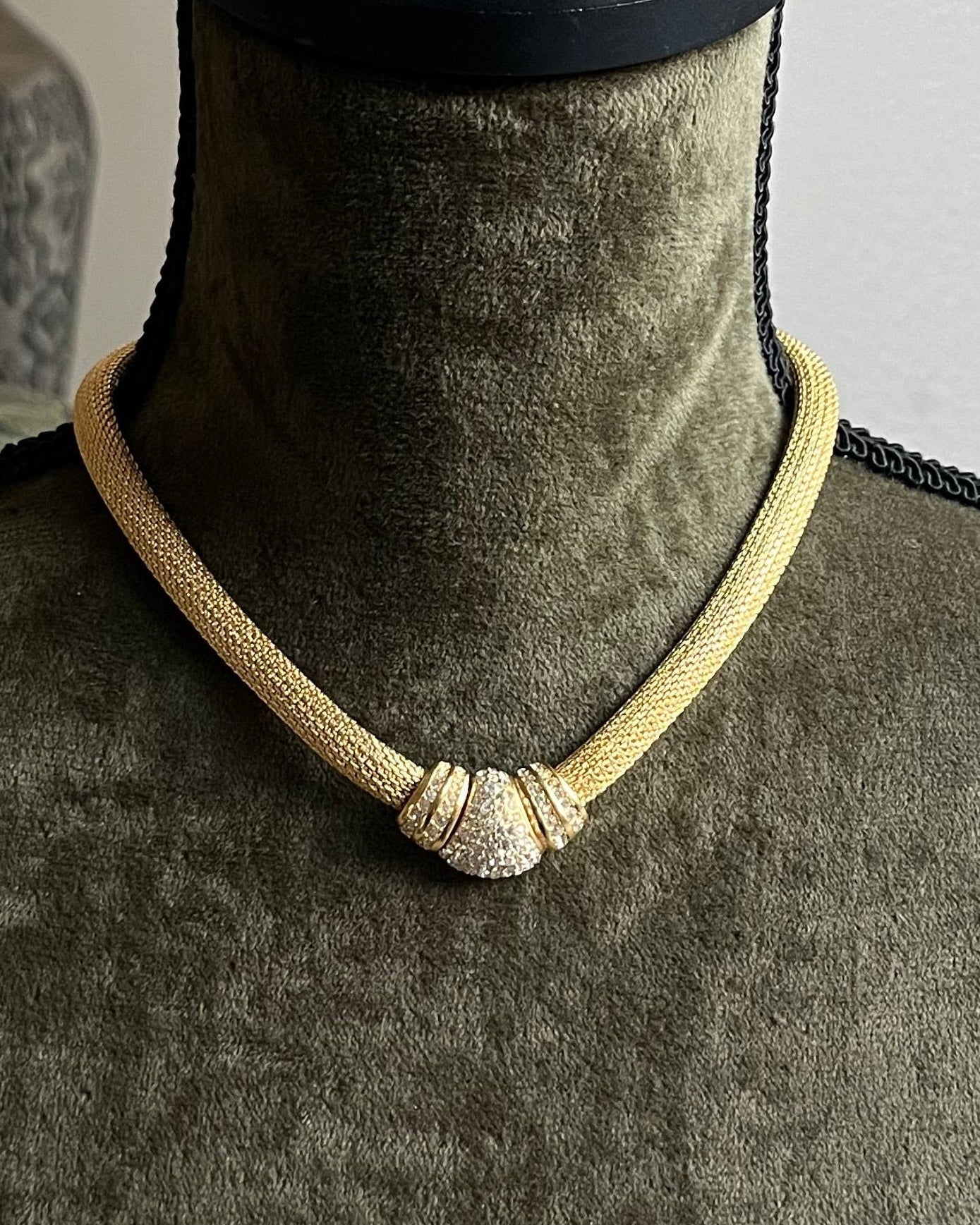 Vintage Christian Dior Rhinestone Pavé Braided Mesh Chain Gold-Tone Choker Necklace