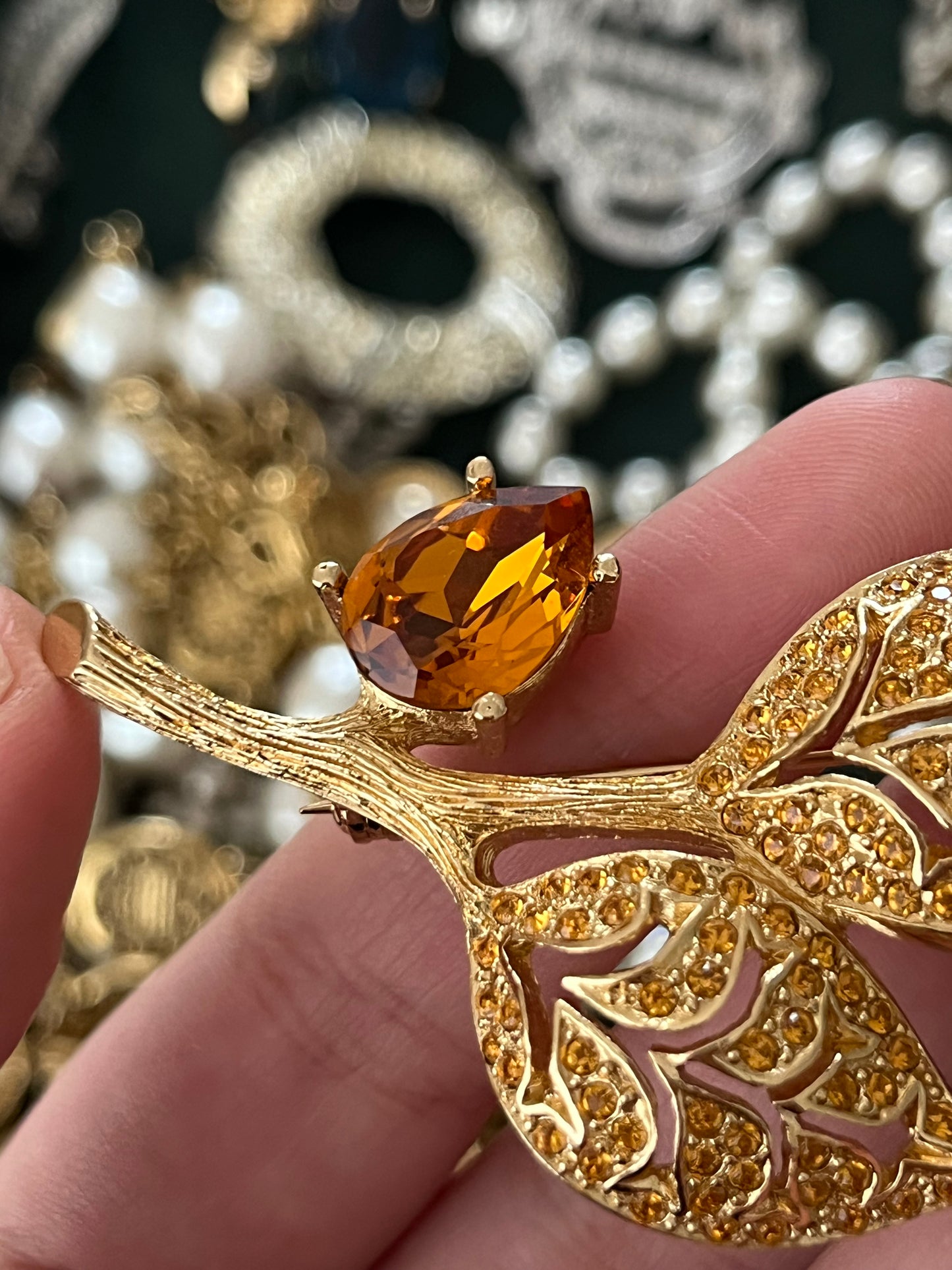 Vintage Christian Dior Leaf Branch Teardrop Orange Rhinestone Prong Gold-Tone Brooch
