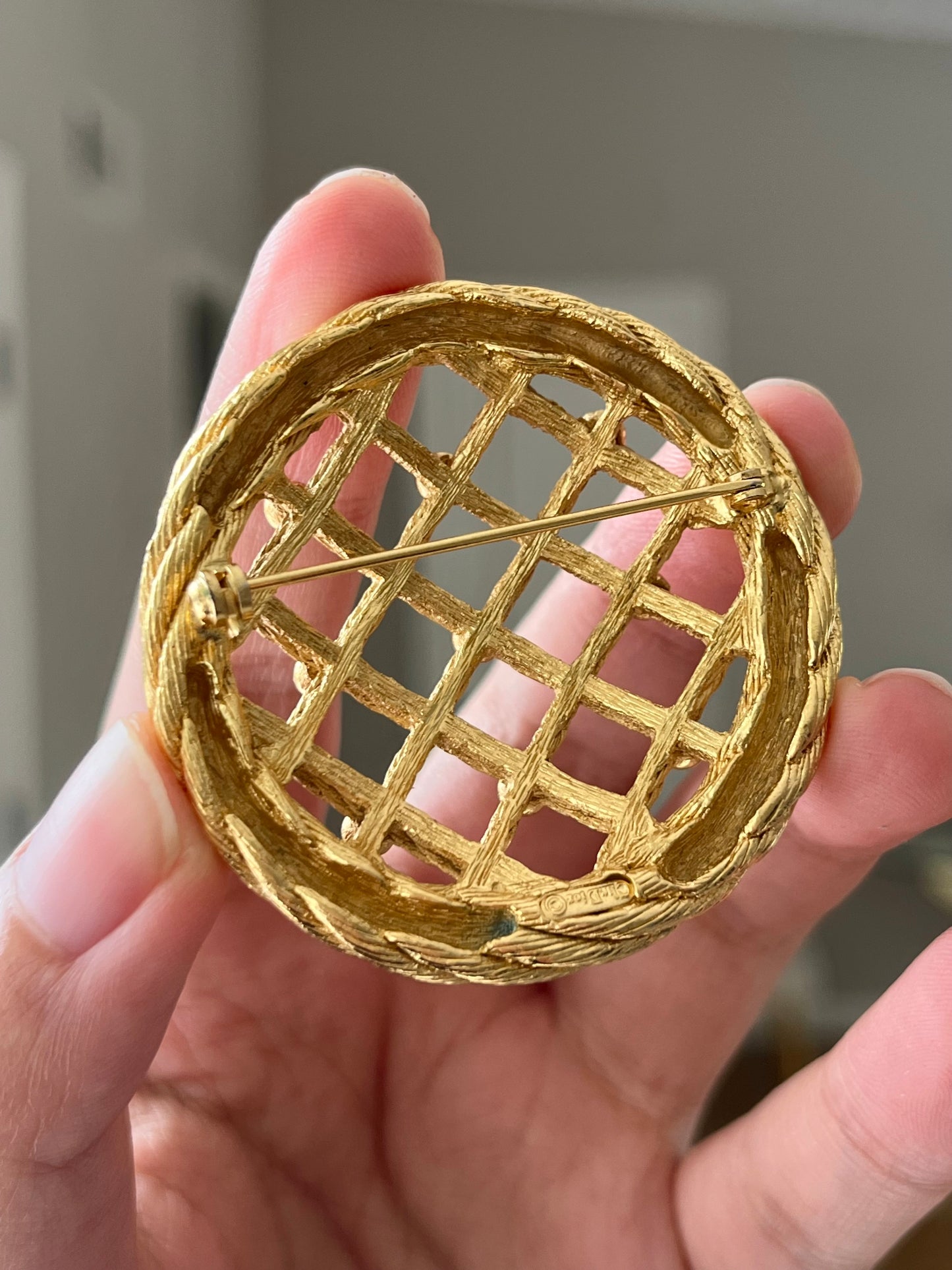 Vintage Christian Dior "Rope" Collection Dream Catcher Braided Knot Rhinestone Round Gold-Tone Brooch