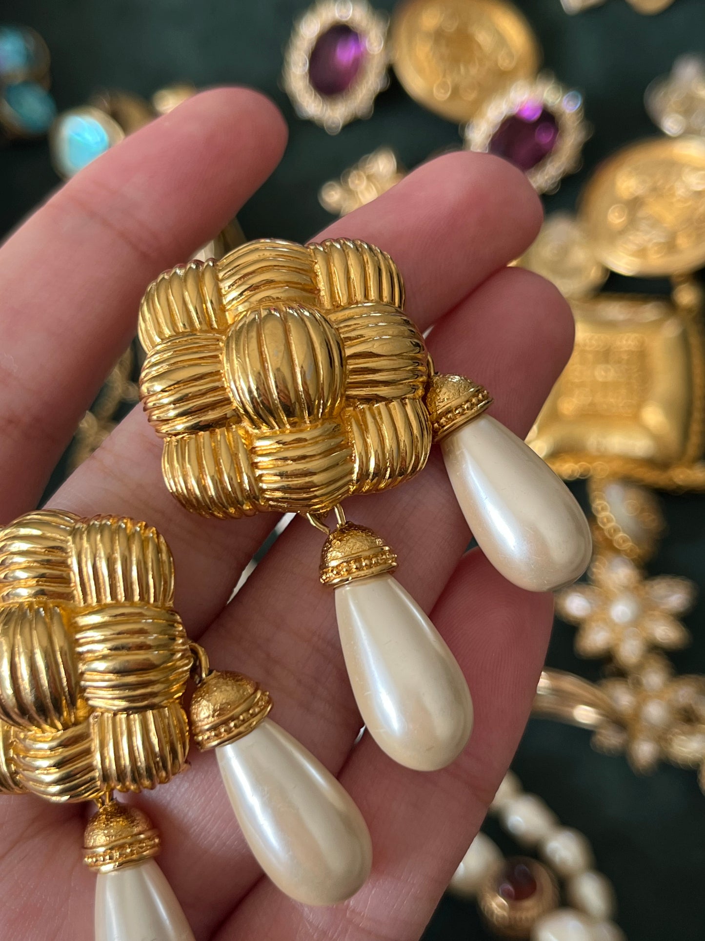 Vintage Fendi "Braided Croissant" Collection Pearl Dangle Drop Gold-Tone Clip-On Earrings