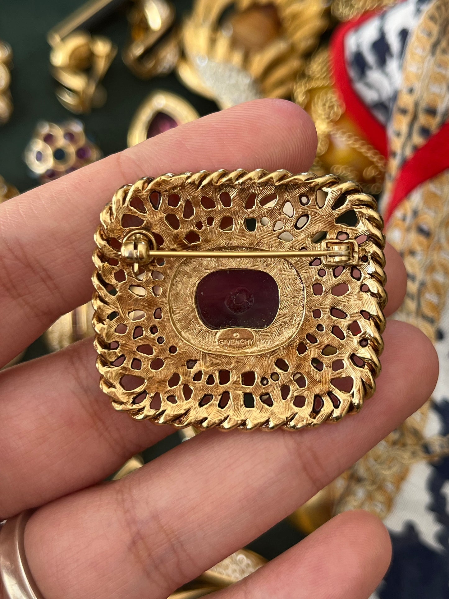Vintage Givenchy "Filigree" Collection Book Piece Purple Resin Cabochon Rectangular Gold-Plated Brooch