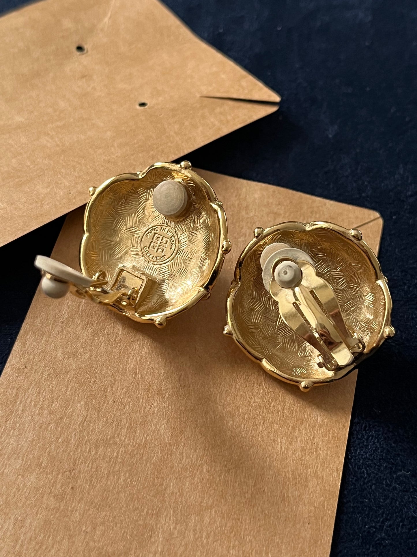 Vintage Givenchy Pearl Quilted Checkered Edge Round Gold-Tone Clip-On Earrings