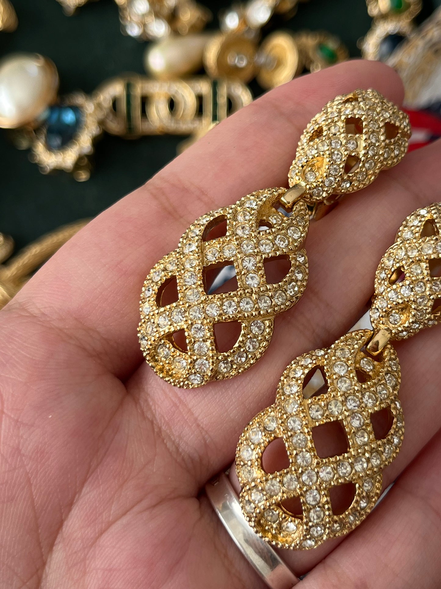 Vintage Christian Dior "Lace" Collection Hollow Braided Teardrop Dangle Drop Rhinestone Gold-Tone Clip-On Earrings