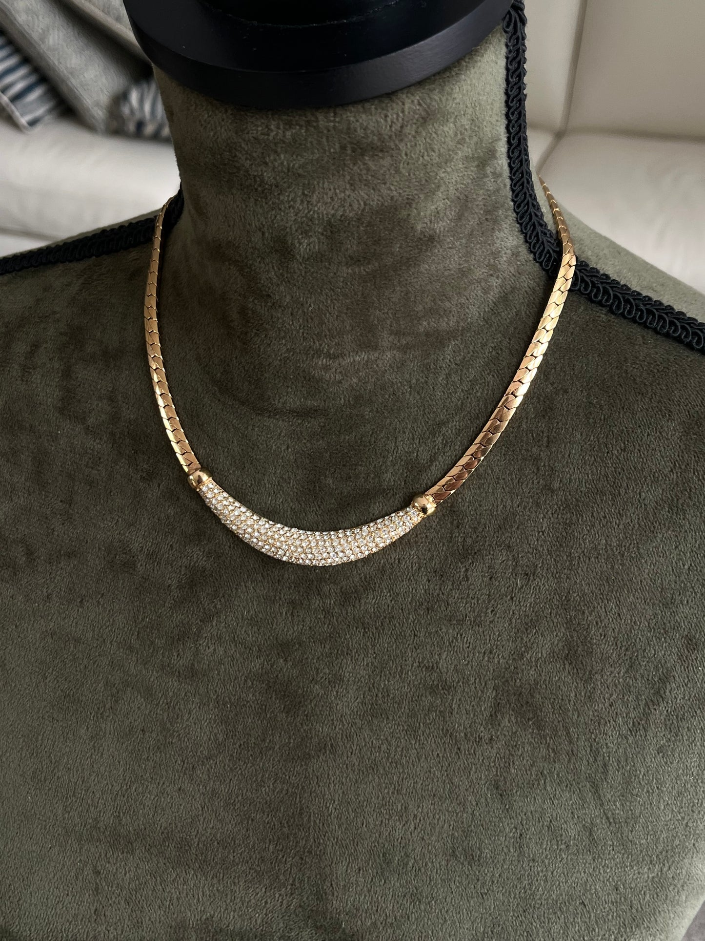 Vintage Christian Dior Crescent Moon Smile Rhinestone Pavé Gold-Tone Chain Necklace