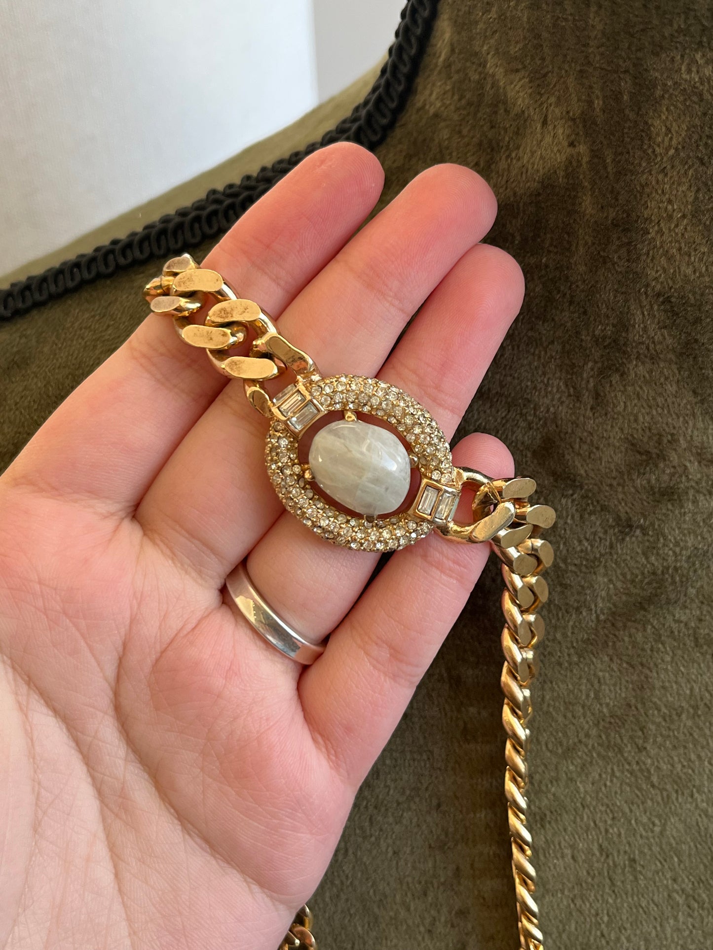 Vintage Christian Dior Irregular Milky White Swirly Poured Glass Cabochon Prong Rhinestone Pavé Edge Gold-Tone Chain Necklace