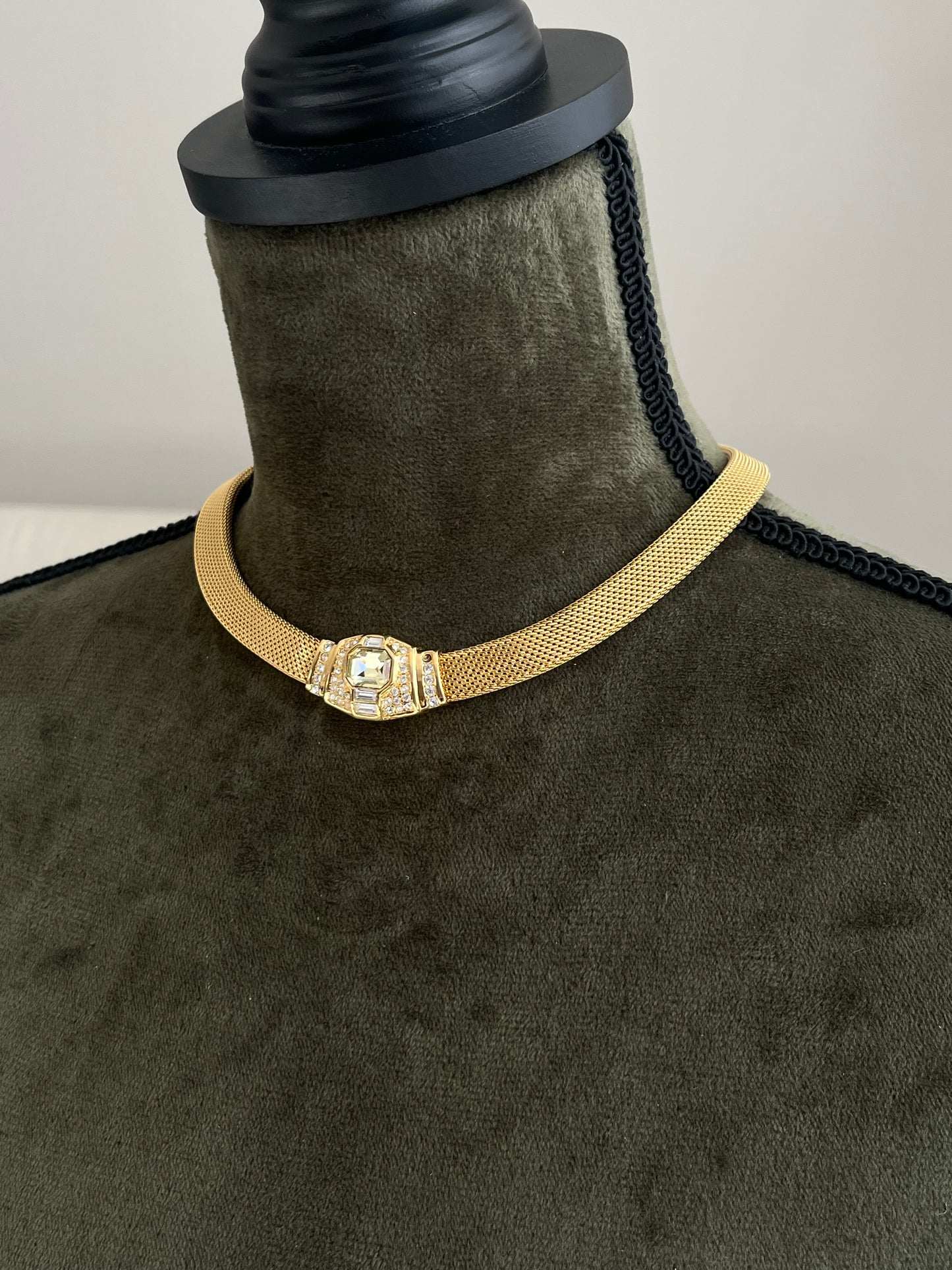 Vintage Christian Dior Rectangular Greenish Yellow Rhinestone Thick Braided Mesh Chain Gold-Tone Choker Necklace