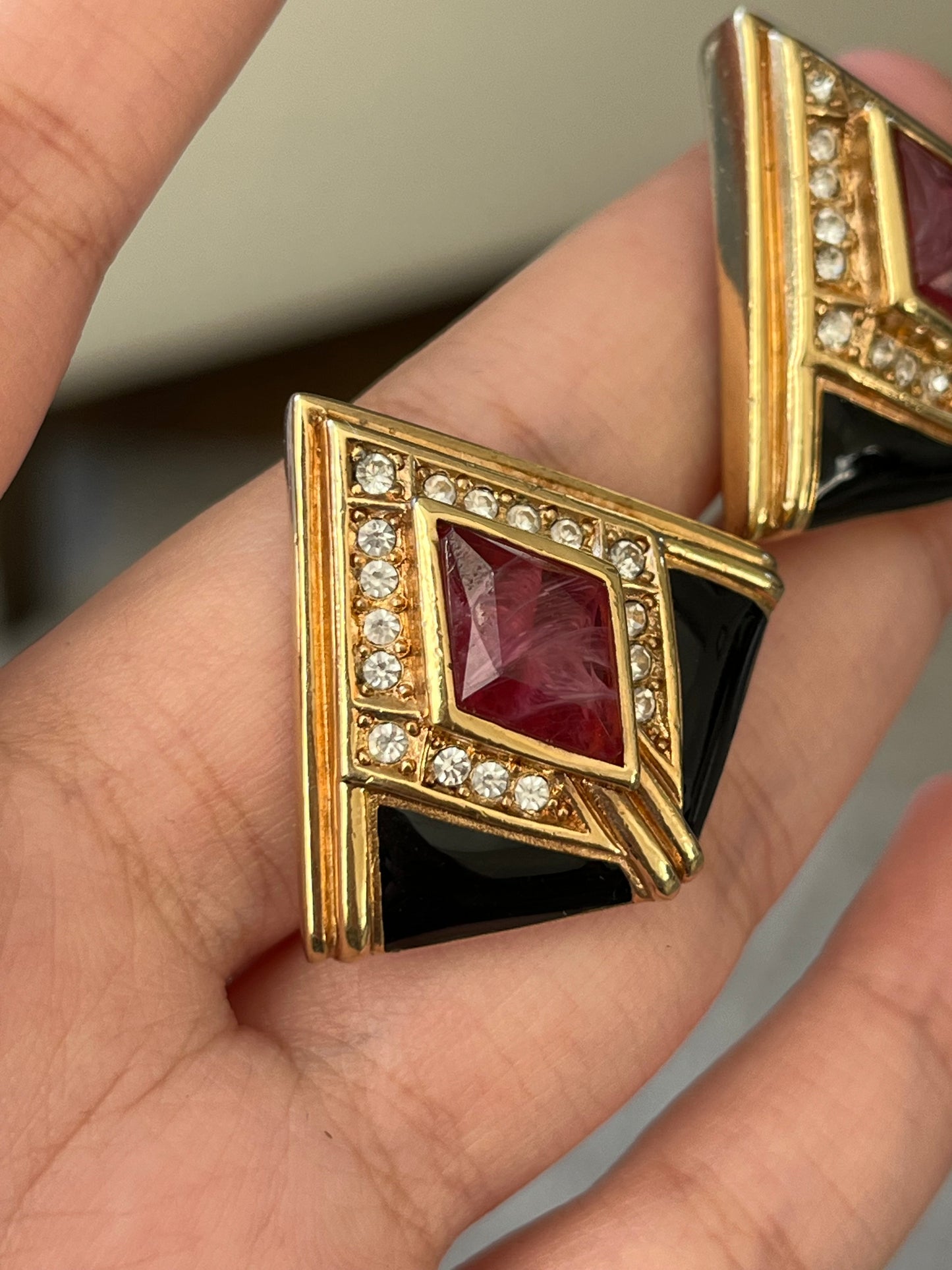 Vintage Christian Dior Red Swirly Glass Cabochon Black Enamel Rhinestone Triangular Gold-Plated Clip-On Earrings