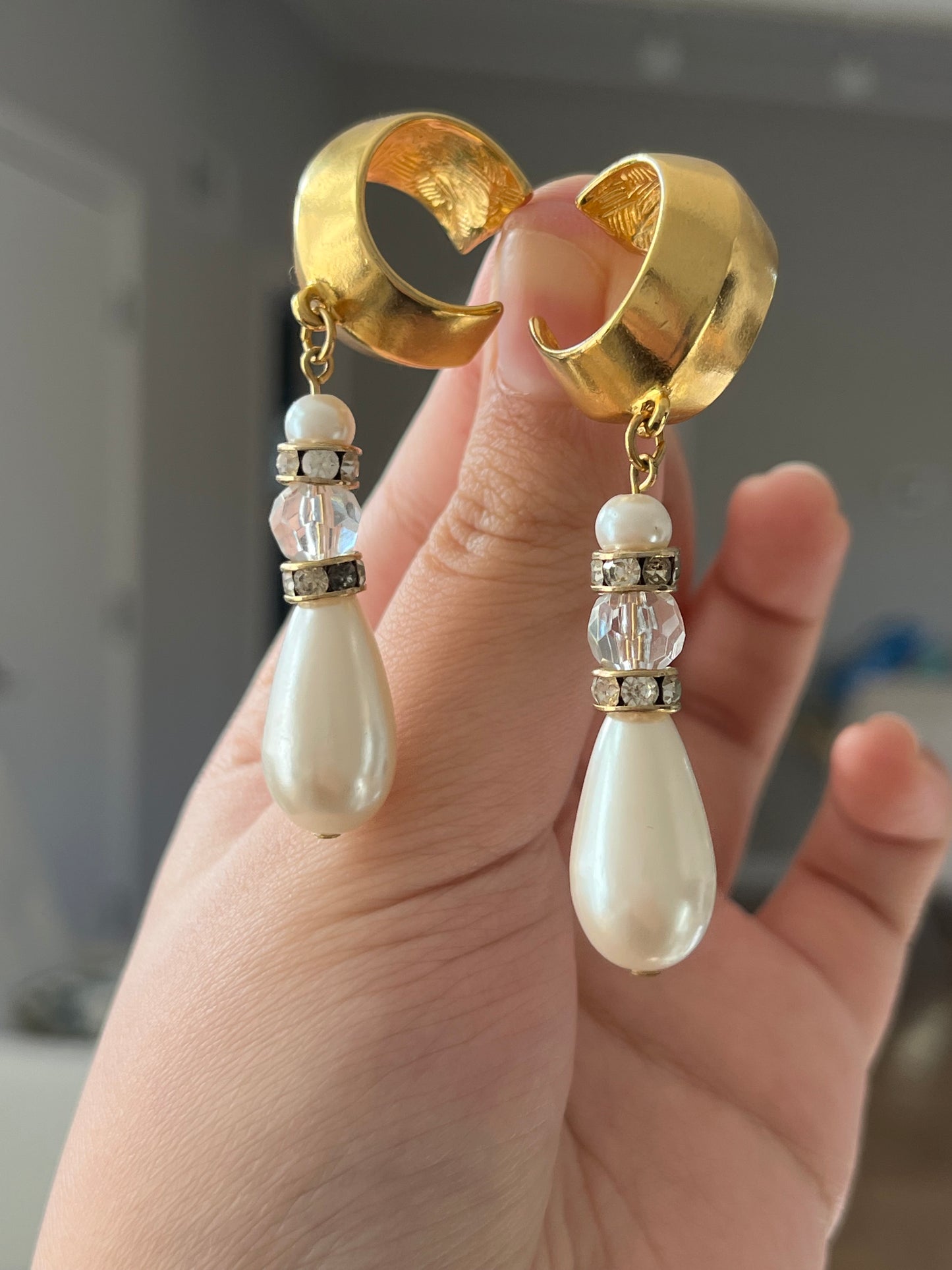 Vintage Givenchy Matte Gold Hoop Crystal Teardrop Pearl Dangle Drop  Long Shoulder Brush Sterling Silver Post Pierced Earrings