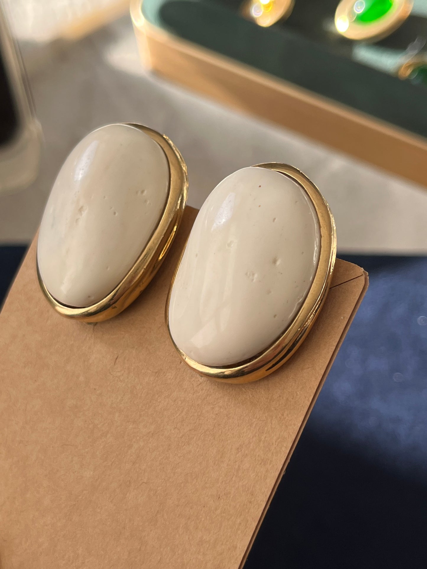 Vintage Givenchy Irregular Cream Faux Marble Shell Resin Cabochon Gold-Tone Clip-On Earrings