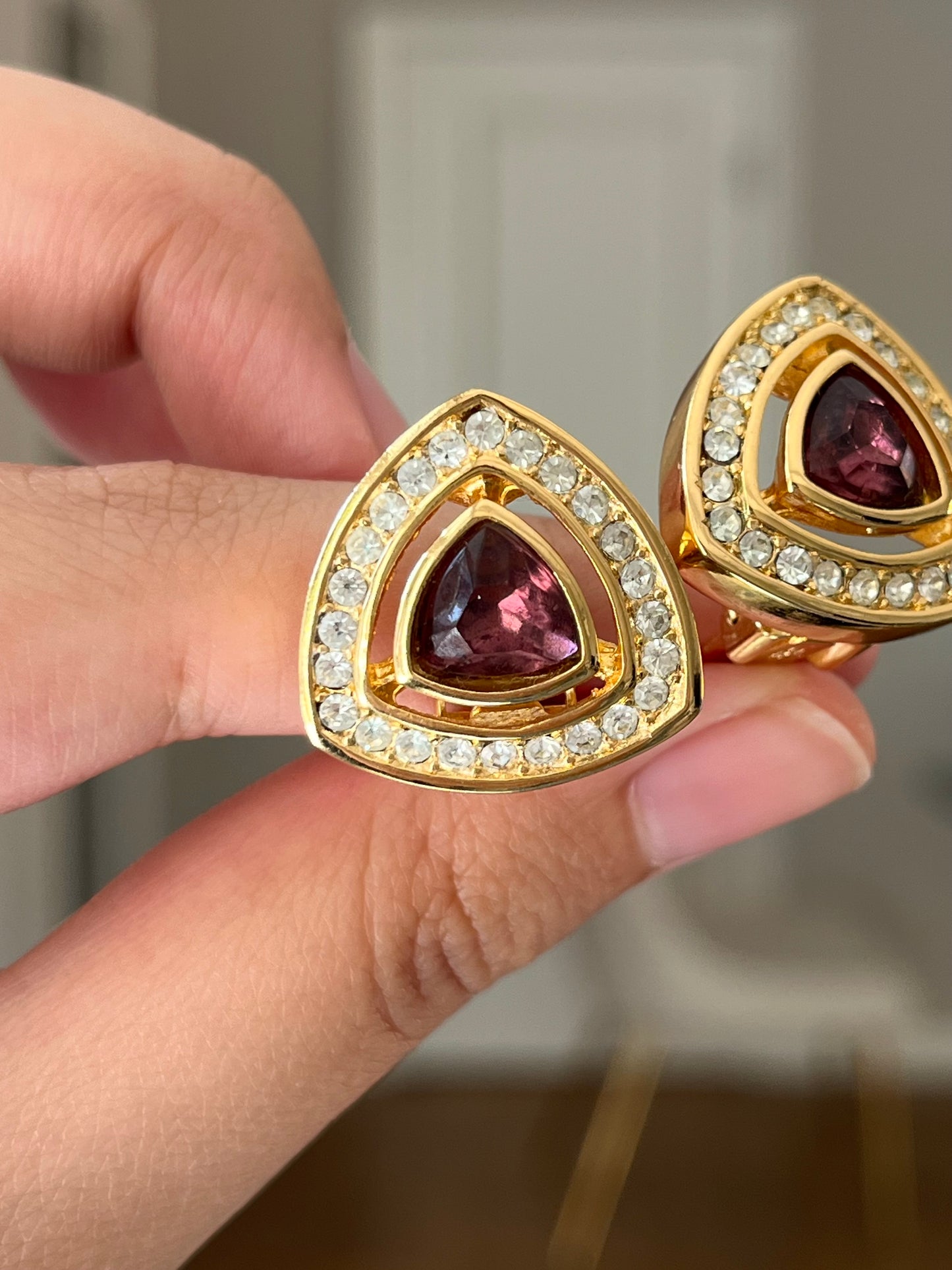 Vintage Christian Dior Triangular Purple Rhinestone Hollow Edge Gold-Tone Clip-On Earrings