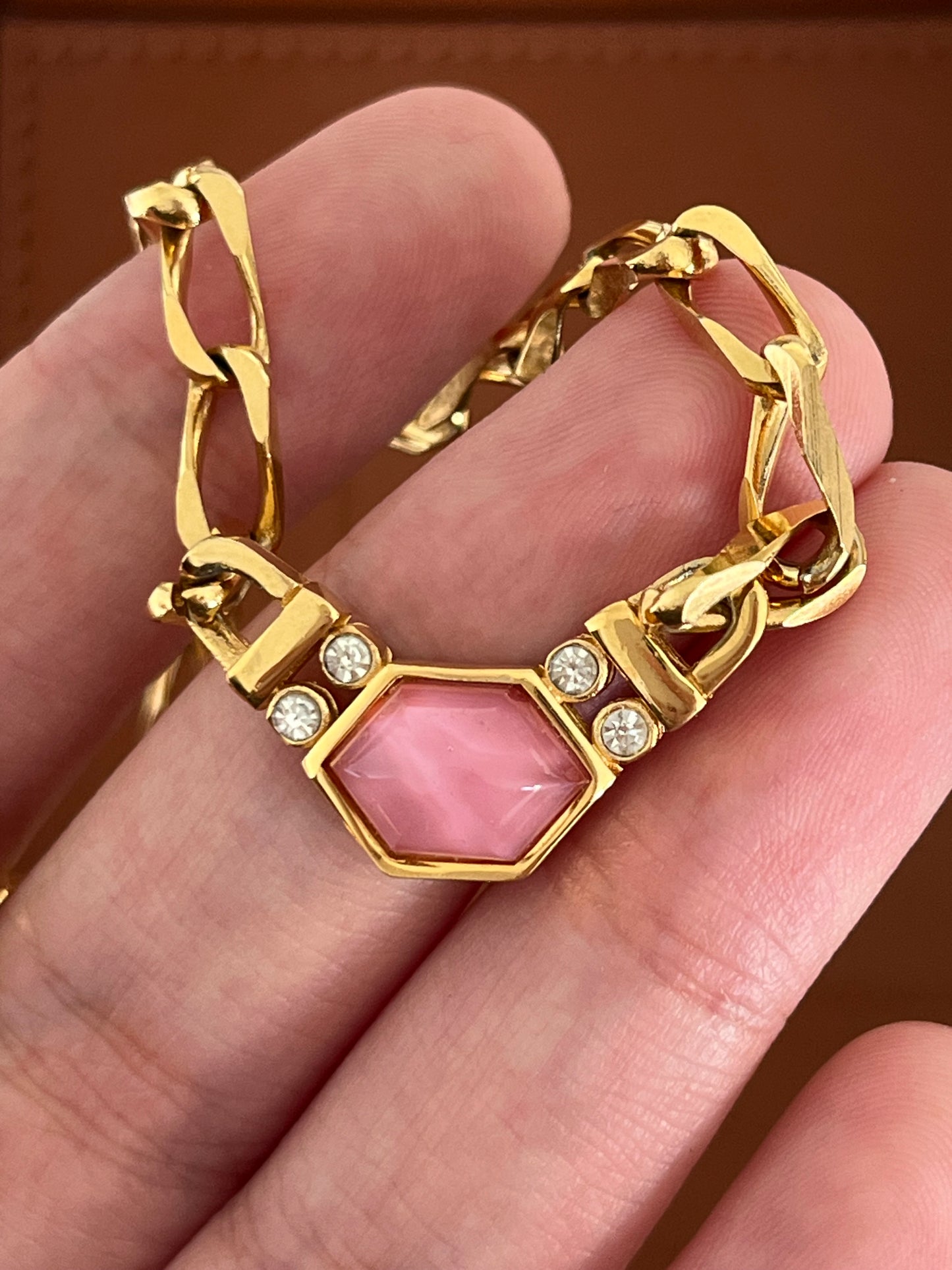 Vintage Givenchy Sugarloaf-Cut Hexagon Pink Resin Cabochon Gold-Tone Chain Necklace