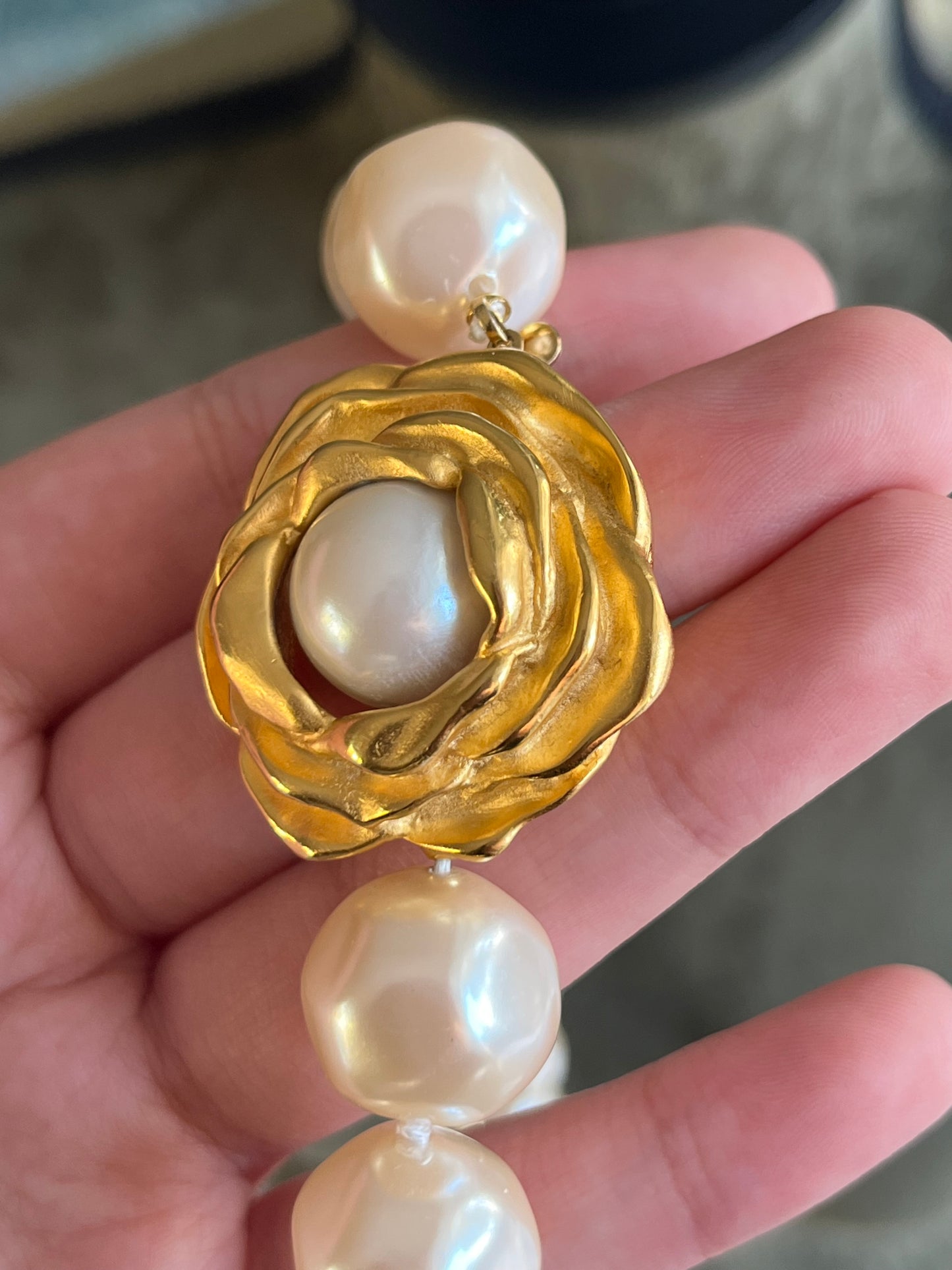 Vintage Givenchy "Rose" Collection Large Baroque Pearl Matte Gold Beaded Statement Necklace