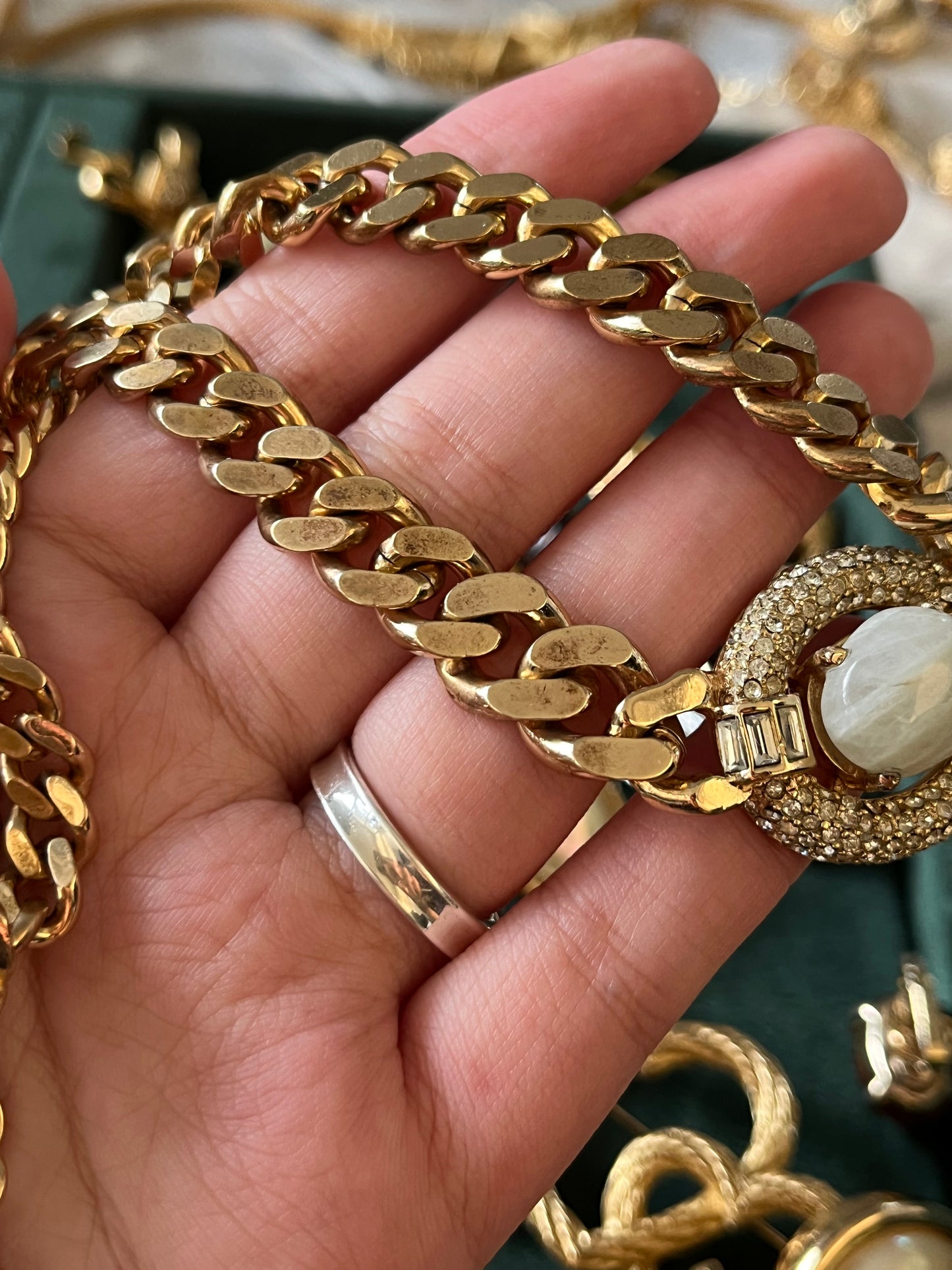 Vintage Christian Dior Irregular Milky White Swirly Poured Glass Cabochon Prong Rhinestone Pavé Edge Gold-Tone Chain Necklace