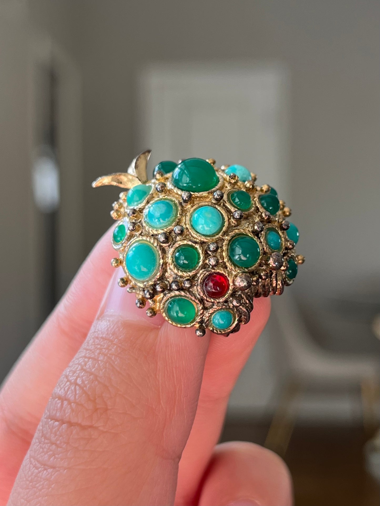 Vintage Grossé (Christian Dior) 1966 Fruit Turquoise Amazonite Faux Jade Cabochon Gold-Tone Brooch