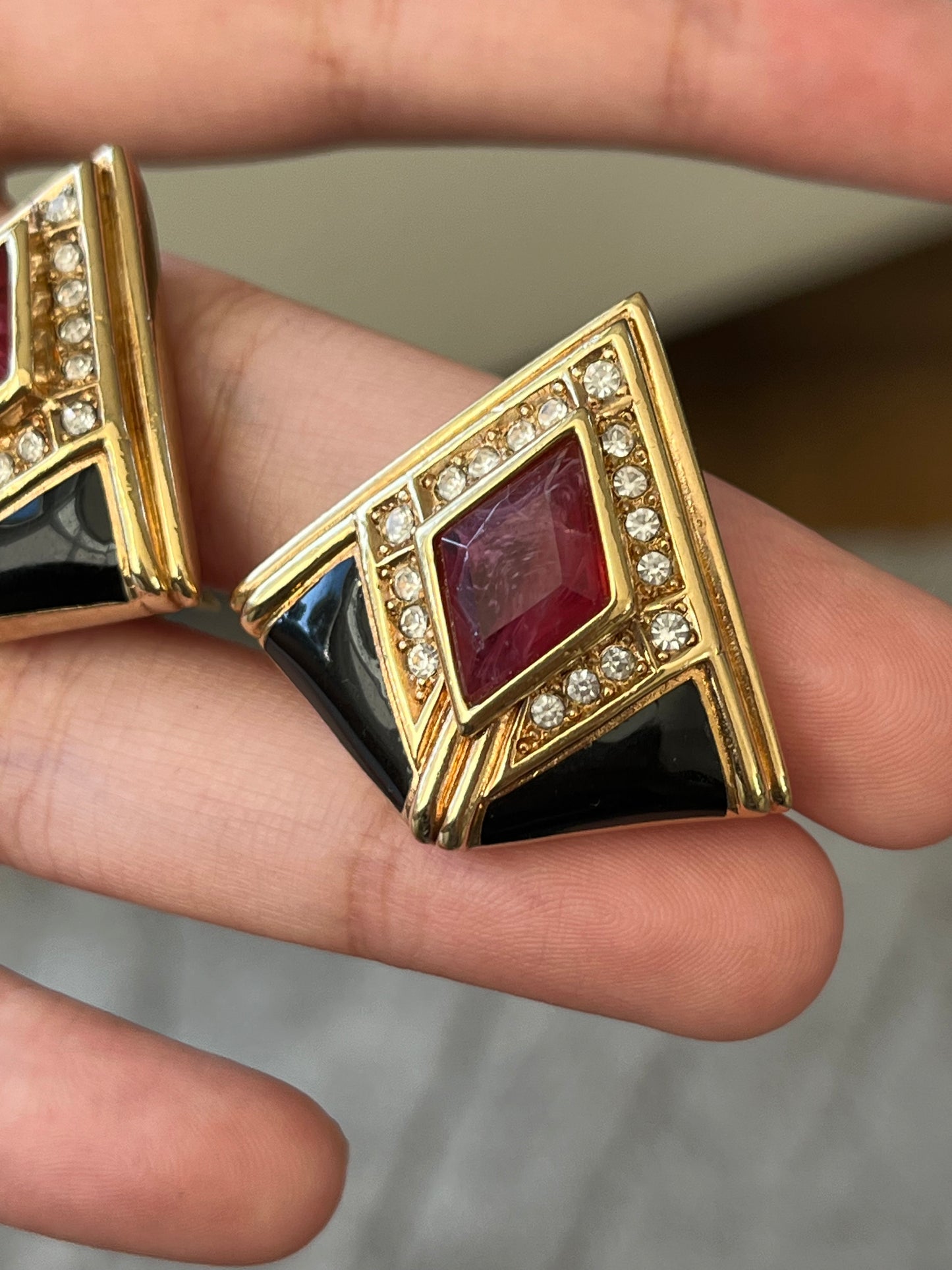 Vintage Christian Dior Red Swirly Glass Cabochon Black Enamel Rhinestone Triangular Gold-Plated Clip-On Earrings