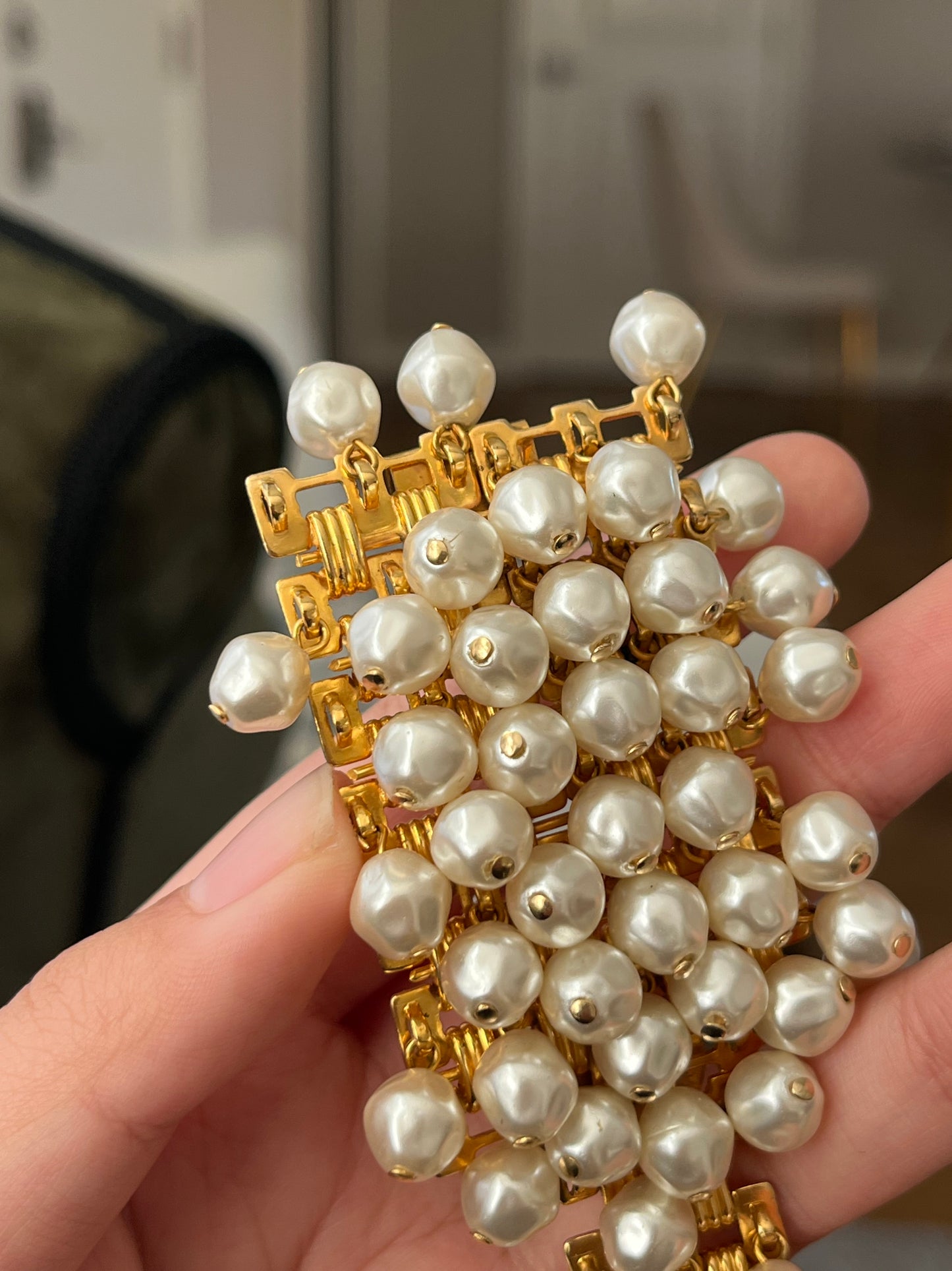 Vintage Christian Dior Baroque Pearl Tassel Droplet Gold-Tone Wide Waist Chain Belt