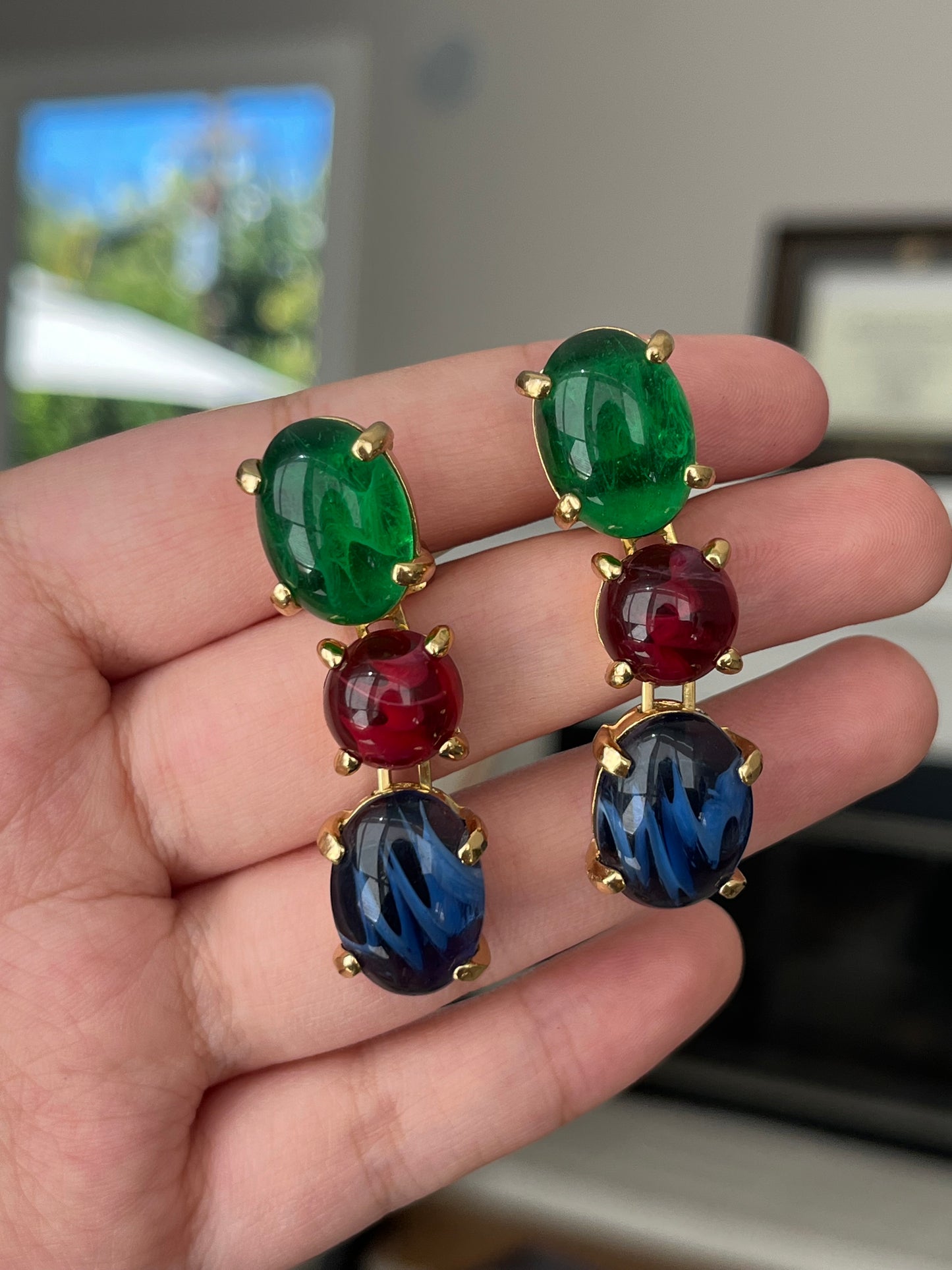 Vintage Christian Dior Tri-Color Oval Poured Swirly Glass Cabochon Prong Drop Gold-Tone Clip-On Earrings