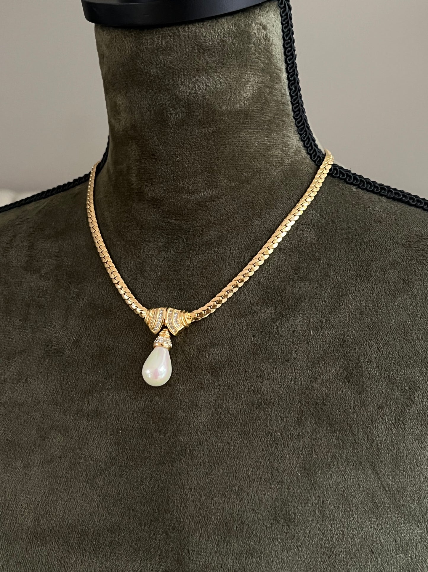 Vintage Christian Dior Rhinestone Knot Teardrop Pearl Drop Gold-Tone Necklace