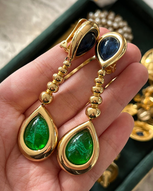 Vintage Christian Dior Teardrop Blue Green Swirly Poured Glass Cabochon Dangle Drop Long Shoulder Brush Gold-Plated Clip-On Earrings