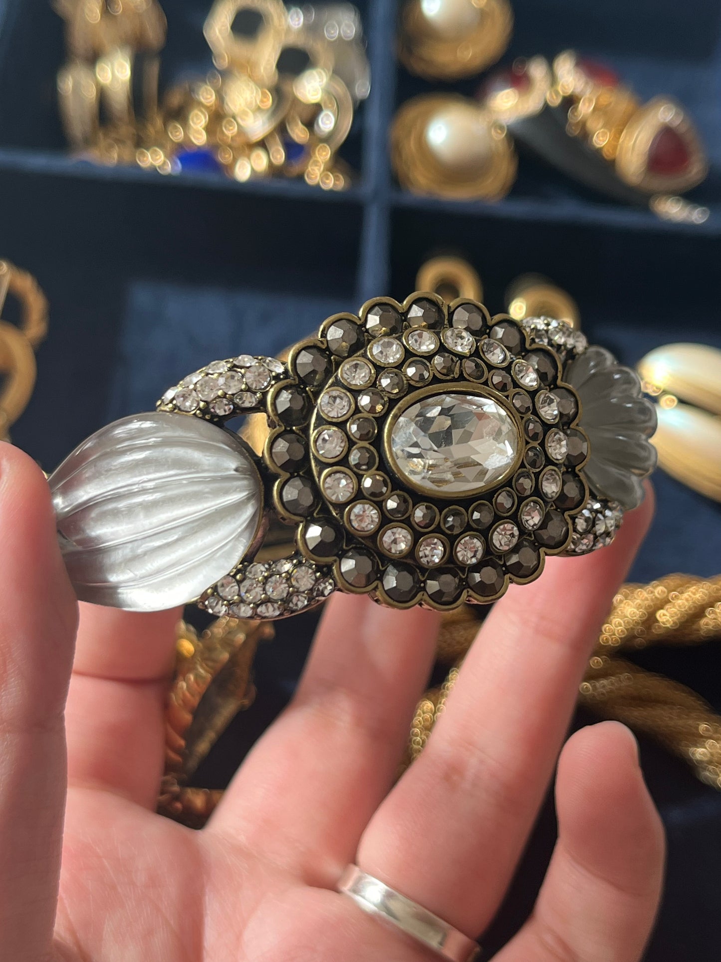 Vintage Heidi Daus 2010 "Collector's" Collection Oval Gray Rhinestone Mellon Lucite Bronze-Tone Bracelet Bangle