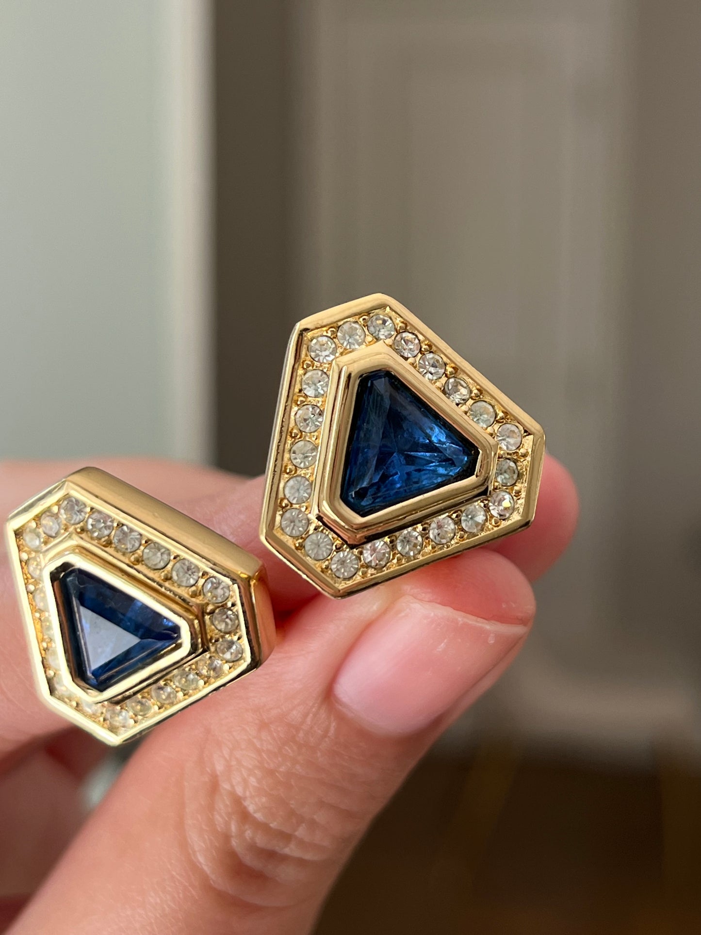 Vintage Christian Dior Triangular Blue Molded Glass Cabochon Rhinestone Gold-Tone Clip-On Earrings