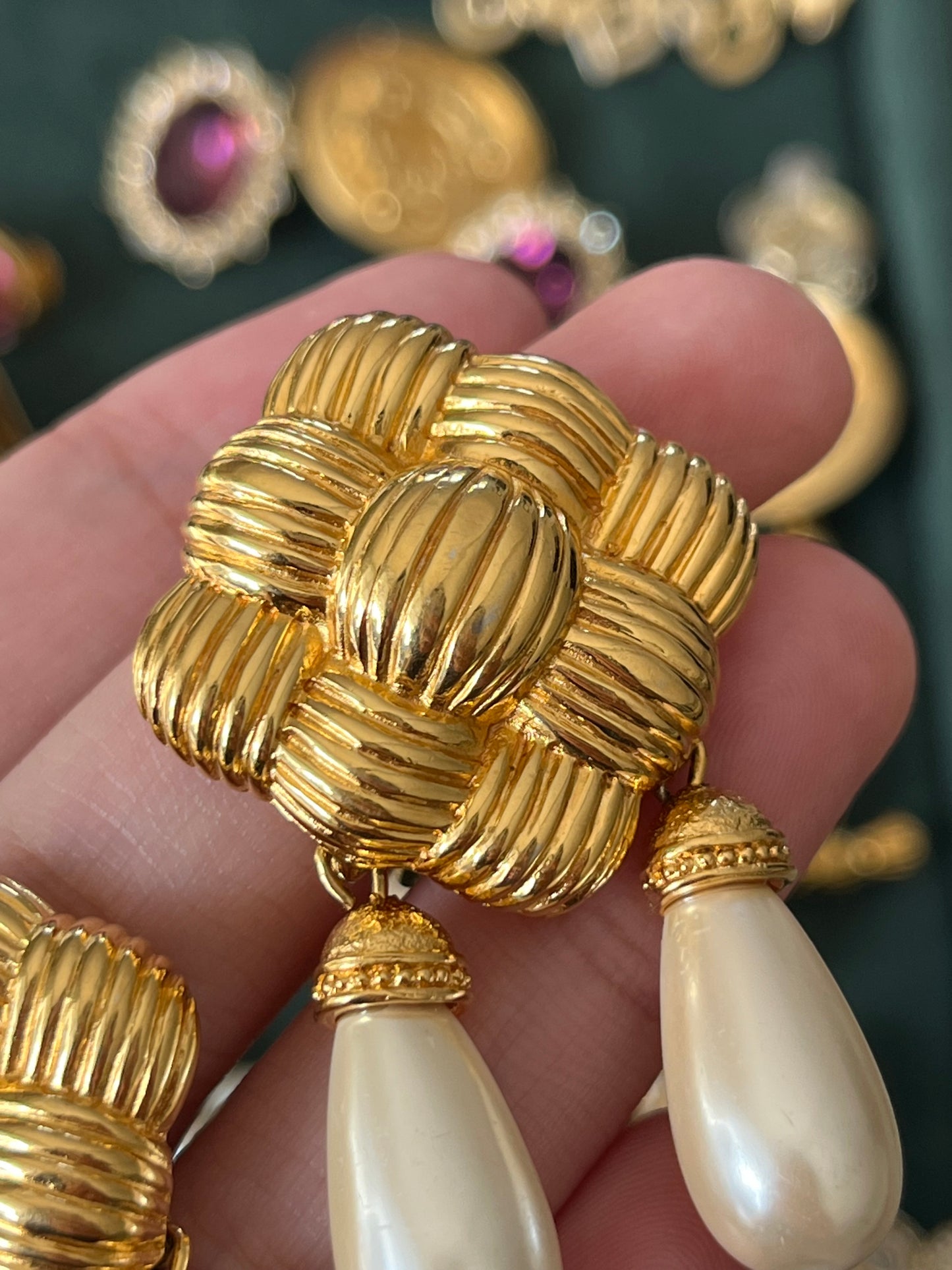 Vintage Fendi "Braided Croissant" Collection Pearl Dangle Drop Gold-Tone Clip-On Earrings